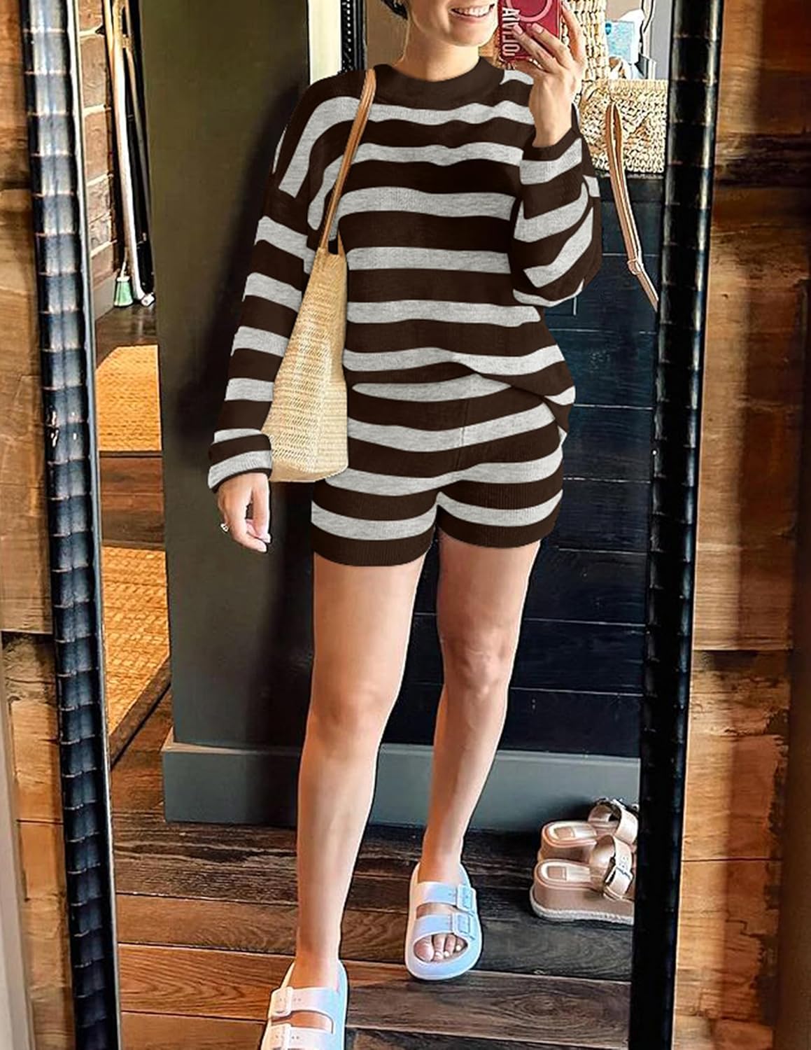 ZESICA Striped Lounge Sets for Women Fall 2026 2 Piece Oversized Outfits Long Sleeve Tops and Shorts Sweater Pajama Set - Image 6