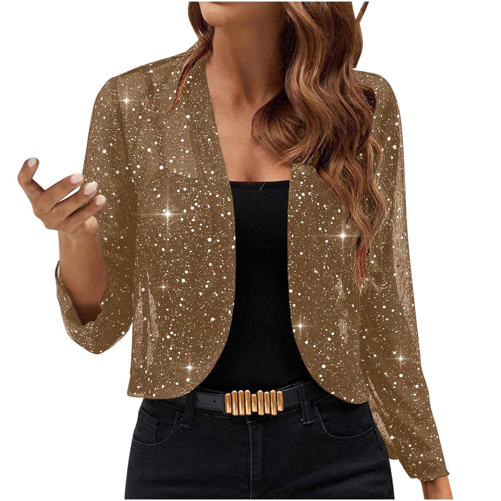 Womens Mesh Long Sleeve Sequin Crop Cardigan Tops Cocktail Party Elegant Glitter Shirts