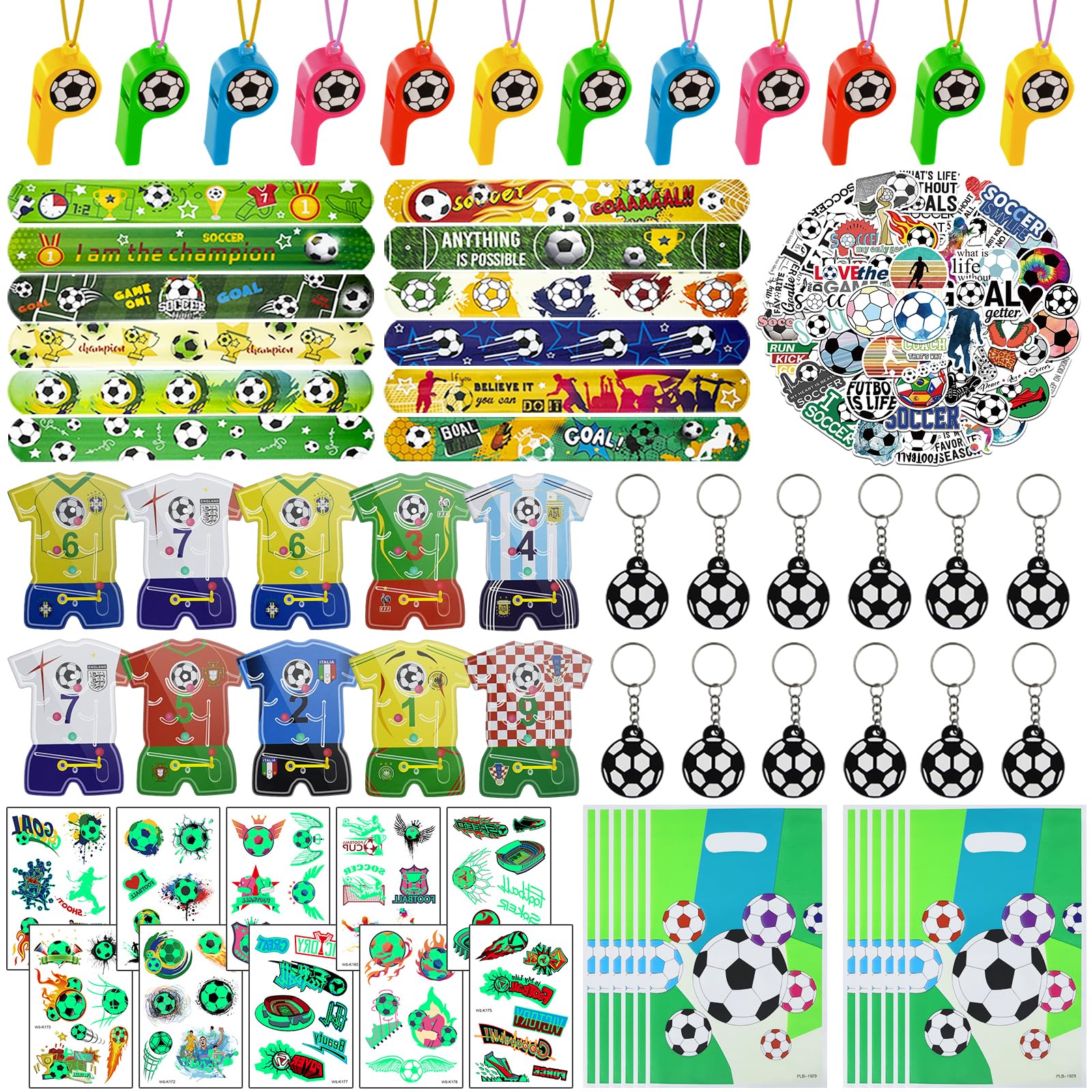 Joyvorite 122 Pcs Soccer Party Favors Set with Goodie Bags, Slap Bracelets, Tattoo Stickers, Puzzle Toys, Stickers, Whistles, Party Supplies and