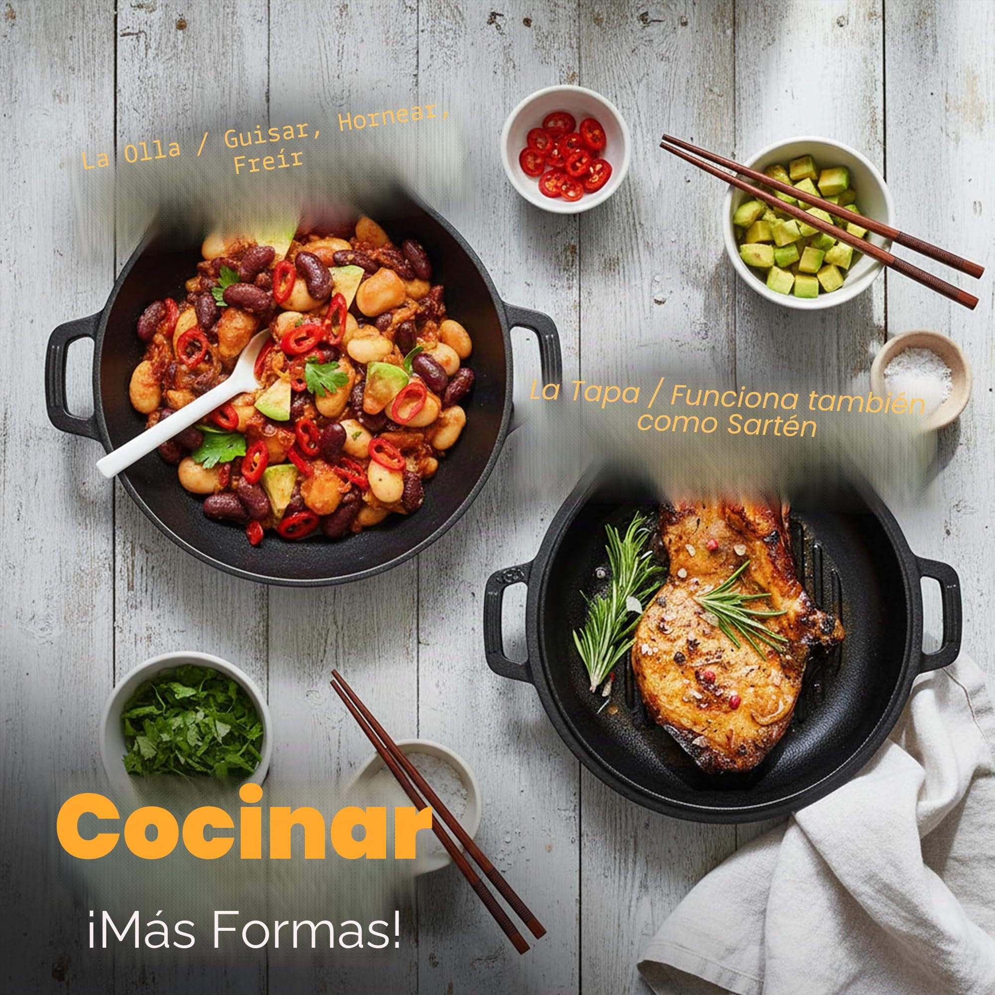 KICHLY 2 en 1 Olla De Hierro Fundido Pre-Sazonada Con Tapa Para Asar - Cocinar Al Horno, Freír, Asar, Guisar, Dorar Y Parrilla - Cocina De Interior Y Exterior