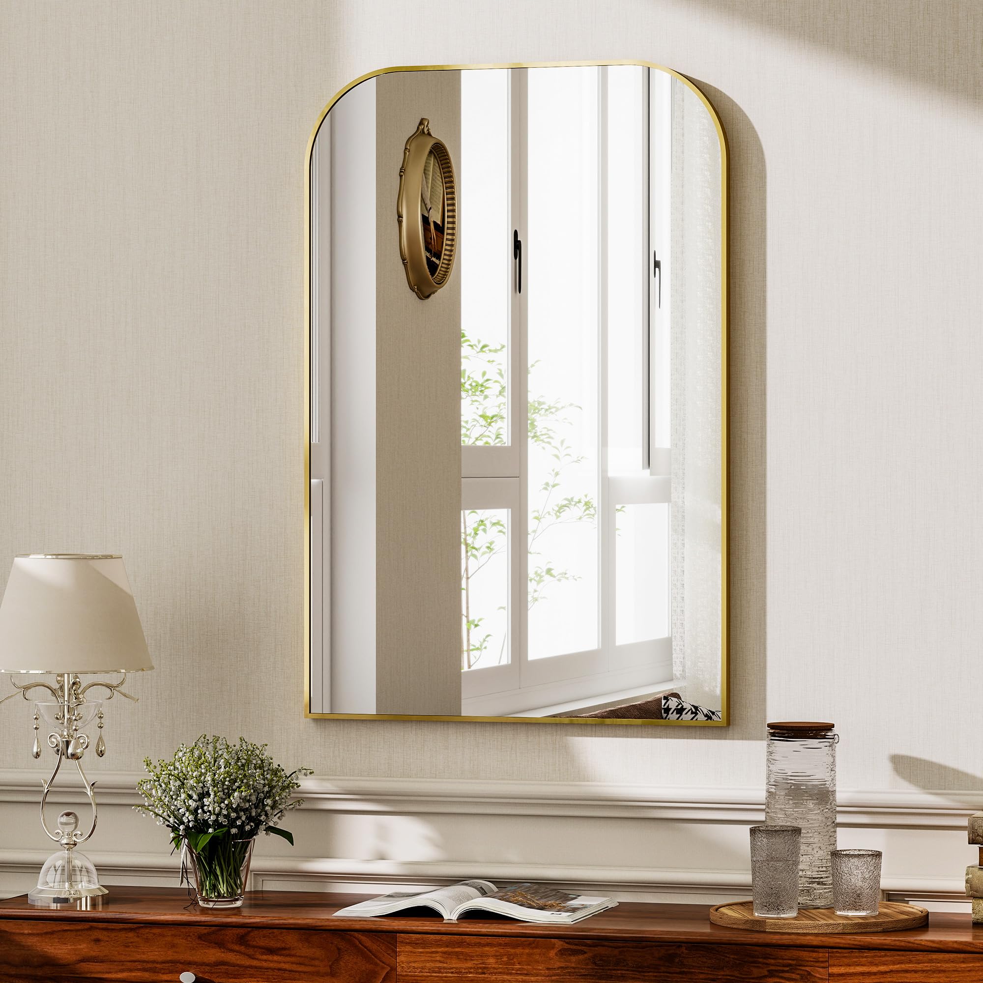 Koonmi Rounded Rectangle Bathroom Wall Mirror, 60 x 90 cm, Gold