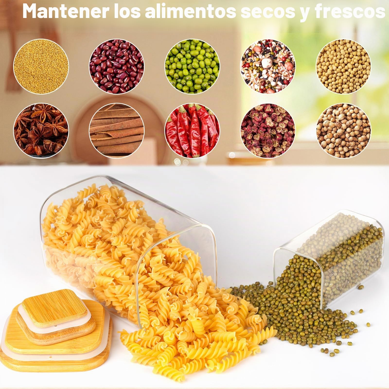Withosent 11pcs Grandes Tarros de Cristal con Tapa Madera, 2400ml/ 1150ml/ 700ml/ 280ml Apilable Botes Cristal Tarros Especias, Frascos de Vidrio Cocina Almacenaje para Pasta, Cereales, Harina