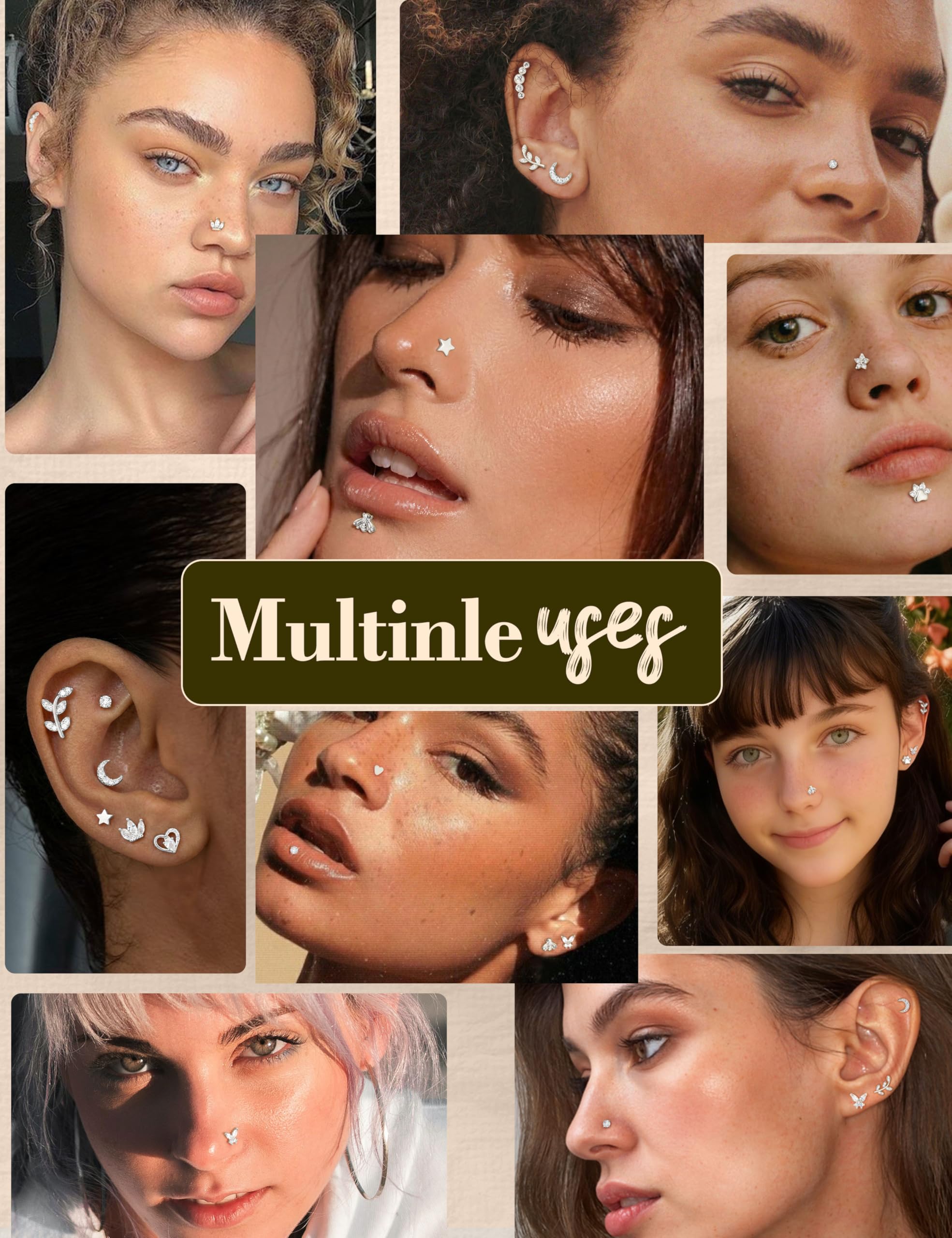 JewBella 12 Pezzi 16G Cartilagine Helix Orecchini per Donna Uomo Acciaio Chirurgico Filettato Internamente CZ Luna Cuore Stella Foglia Labret Monroe Naso Stud Piercing Conch Trago Helix Argento/Oro