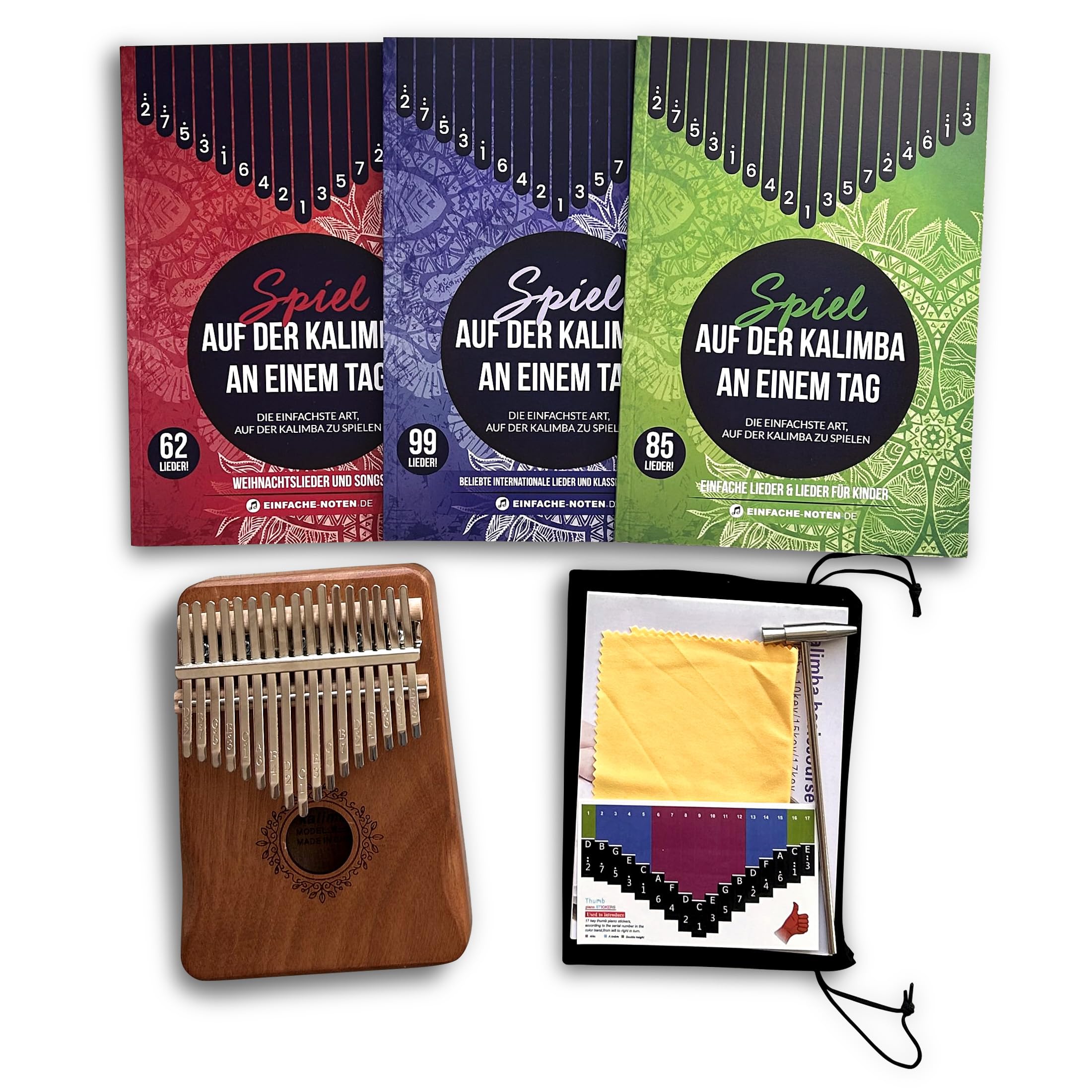 Spiel auf der Kalimba an einem Tag! Mega-Paket: Kalimba mit 17 Tasten + 3 Bücher für Anfänger + 246 einfache Lieder & Videoaufnahmen