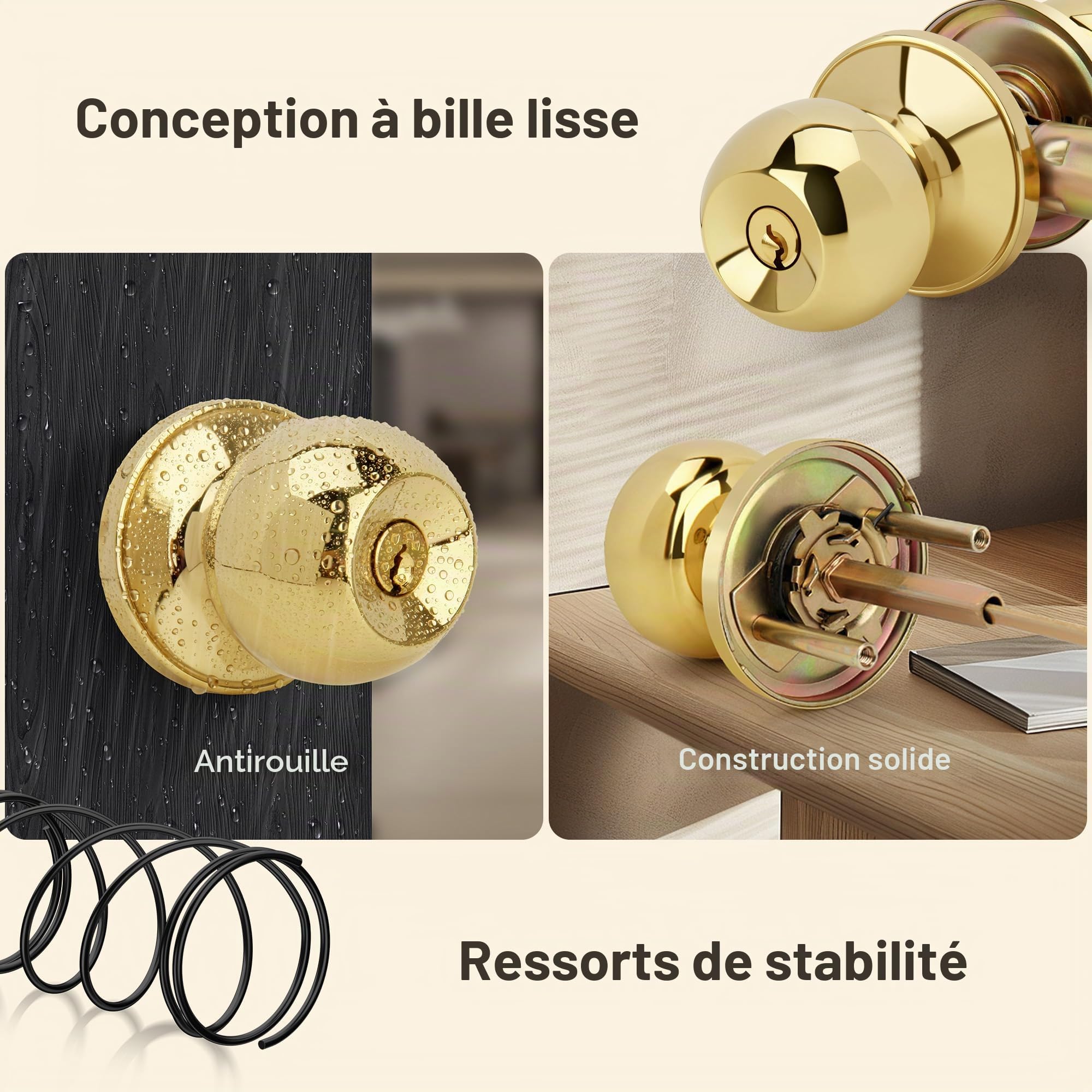 Bouton de porte en forme de boule avec clés et serrure, poignée de porte d'entrée à clé ronde pour portes d'entrée/d'entrée, finition laiton poli