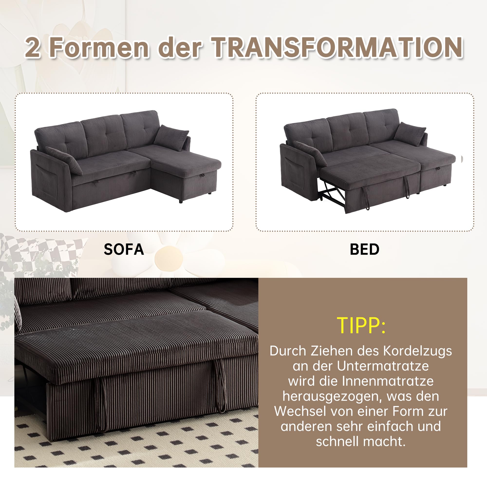 Divano letto modulare a 3 posti con vano portaoggetti – Divano in velluto a coste con funzione sleep & lettino estraibile | Divano letto a forma di L per soggiorno | Divano letto con contenitore