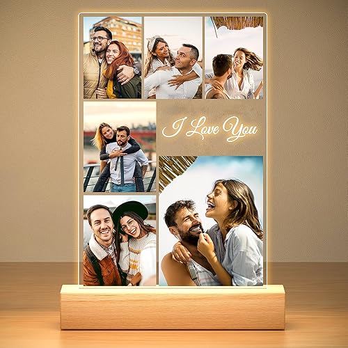 Portarretratos personalizable con fotos con luz nocturna, placa de acrílico, regalo para cumpleaños, parejas y Navidad, regalo para él y para ella