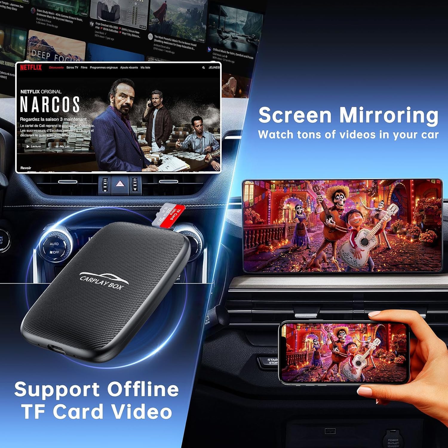 Adaptateur sans fil 5-en-1 CarPlay et Android Auto,Adaptateur CarPlay sans fil avec Netflix, YouTube et carte TF,Plug & Play,Magic Video Ai Box pour véhicules équipés d'Apple CarPlay filaire d'origine