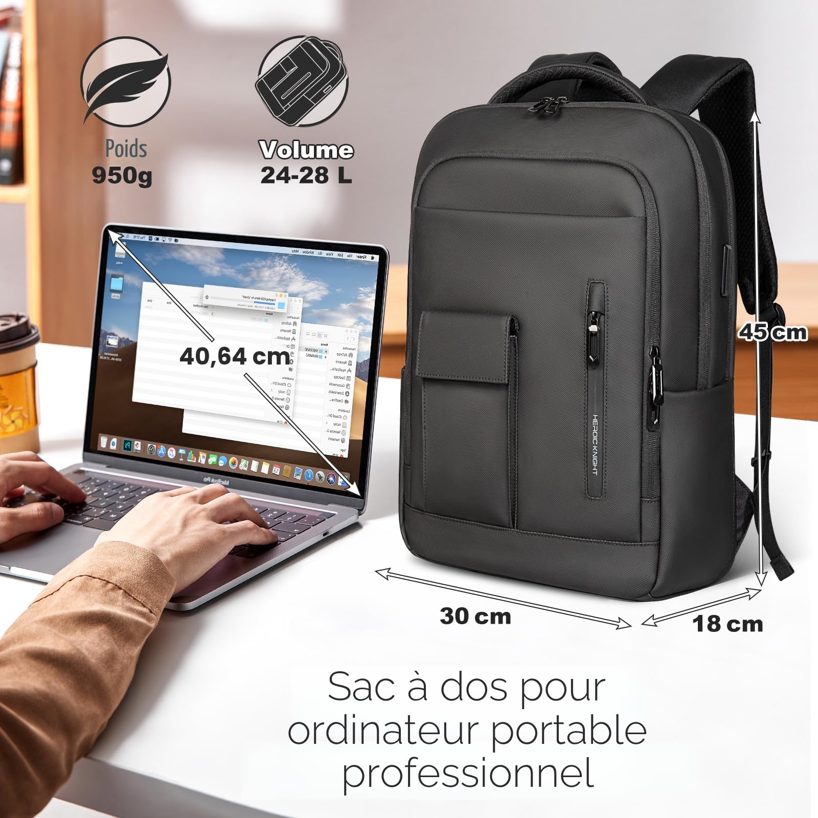 Sac à Dos pour Ordinateur Portable 16 Pouces Homme, Affaires et Voyage, Imperméable, Antivol, Léger, avec Port USB, Idéal pour Bureau, Université et École, Capacité Ajustable 24-28L