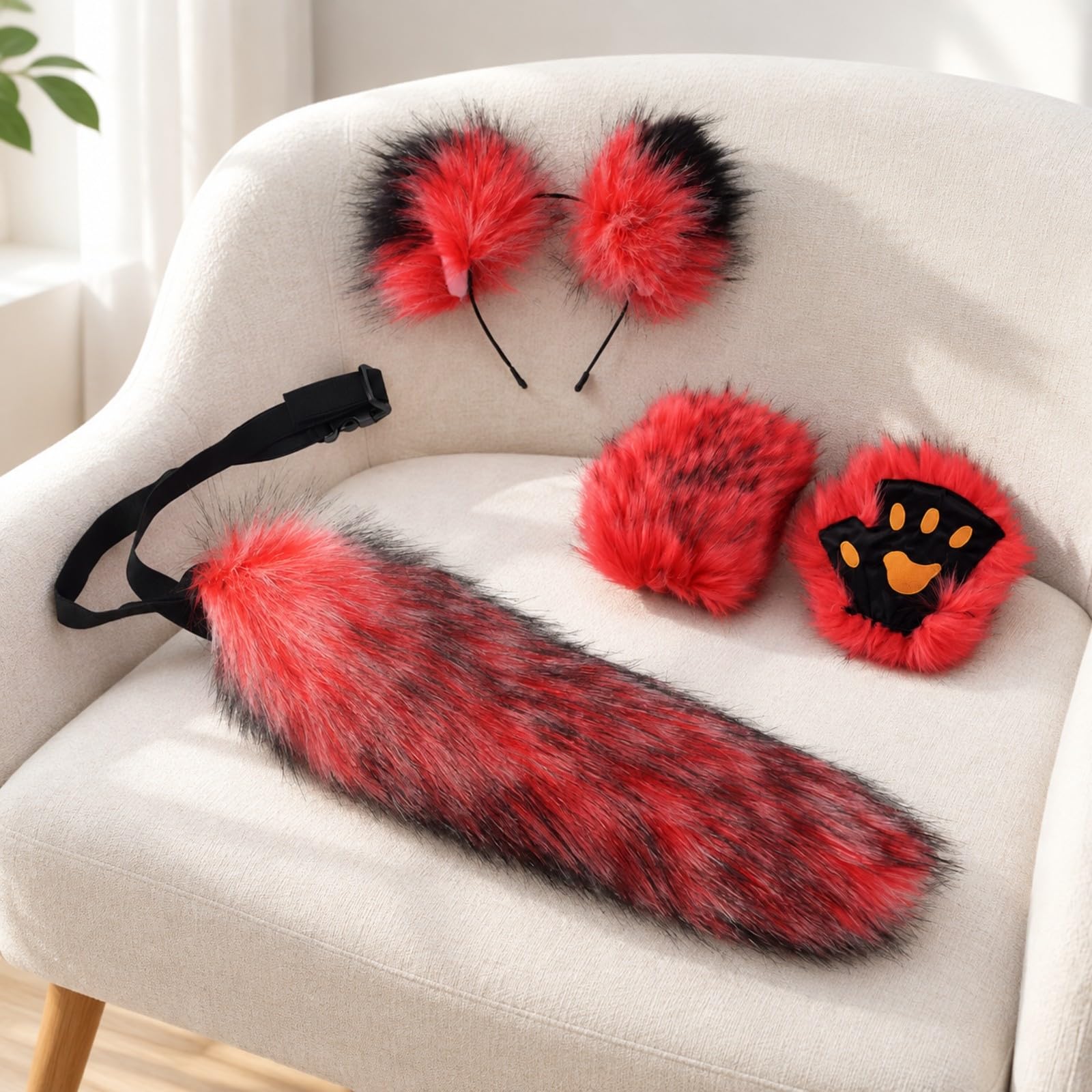 Tier-Kostüm-Set mit, Ohren-Stirnband und Pfotenhandschuhen Plüschig Cosplay-Tier-Ensemble Bequem -Kostüm-Set für Halloween, Conventions