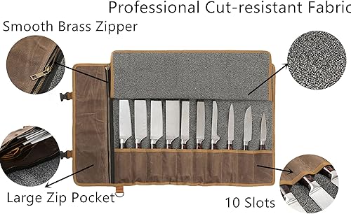 Miniatura 13 de Rollo de cuchillos, organizador de estuches para cuchillos, lona encerada duradera con forro resistente a cortes, 5 bolsillos (caqui) Caqui