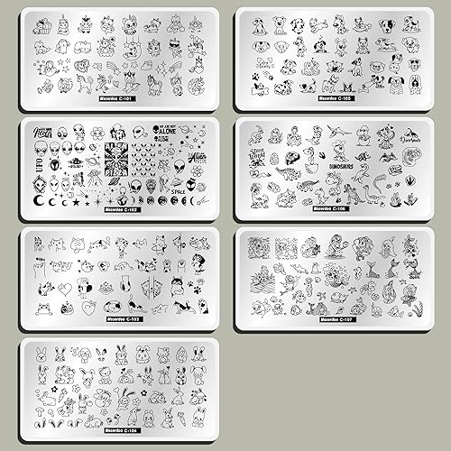 Miniatura 6 de Juego de placas de estampado de uñas de unicornio para gatos, cachorros, 7 piezas, diseño de estrella y corazón, lindo diseño de animales, placa de