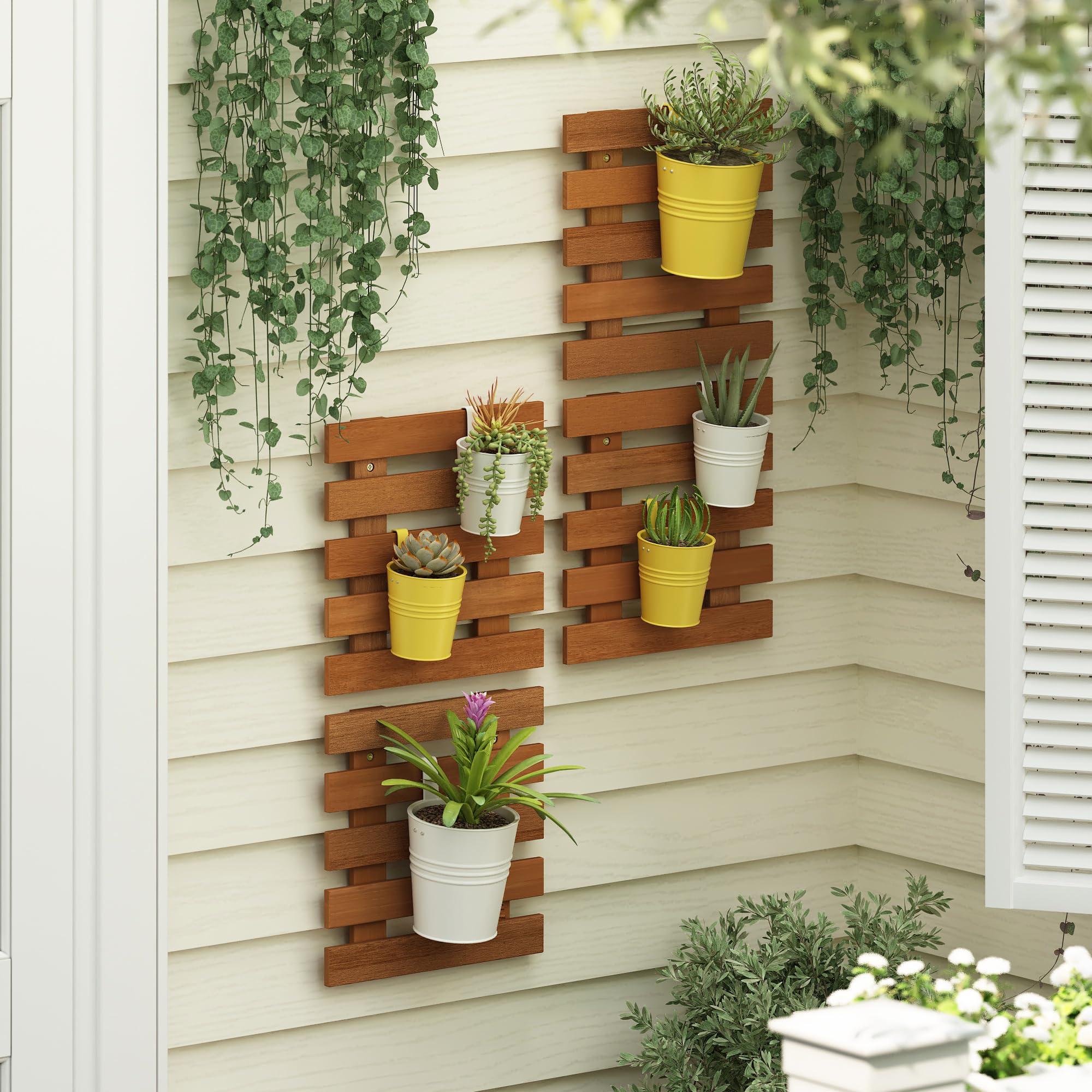 Furinno TIOMAN Jardinera Vertical De Pared para Exterior, Juego De 4 Maceteros Colgantes De Madera, para Plantas De Interior Y Exterior, Balcón Y Patio, Madera Clara