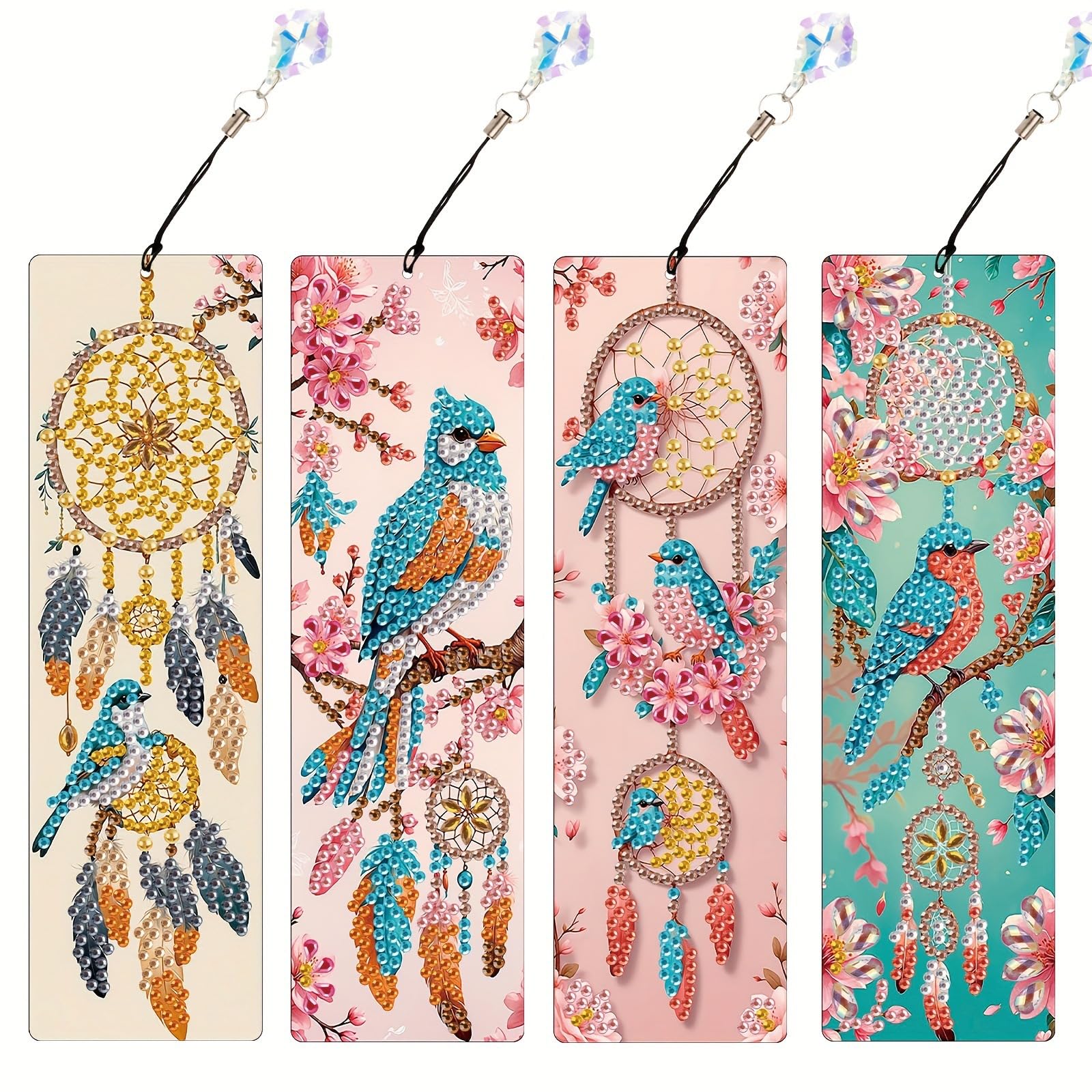 JSRQT 4 Stück Blumen Vögel Diamant Malerei Lesezeichen Kits,5D Diamant Painting Bookmark mit Quasten,DIY Traumfänger Buchmarken für Kunsthandwerk Geschenk