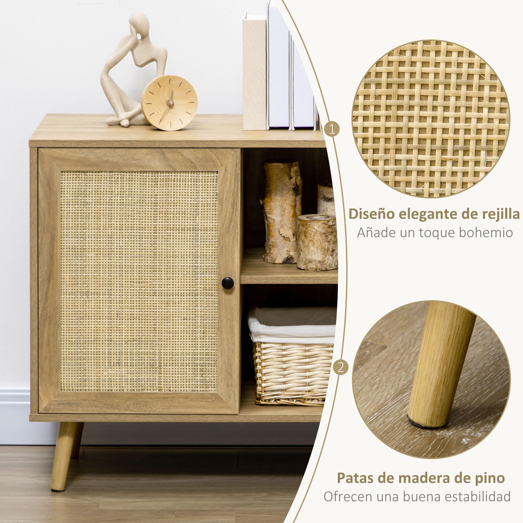 HOMCOM Aparador de Cocina Buffet de Salón Mueble Auxiliar de Cocina con Puerta de Ratán y 2 Estantes de Almacenaje para Comedor 80x39x70 cm Natural