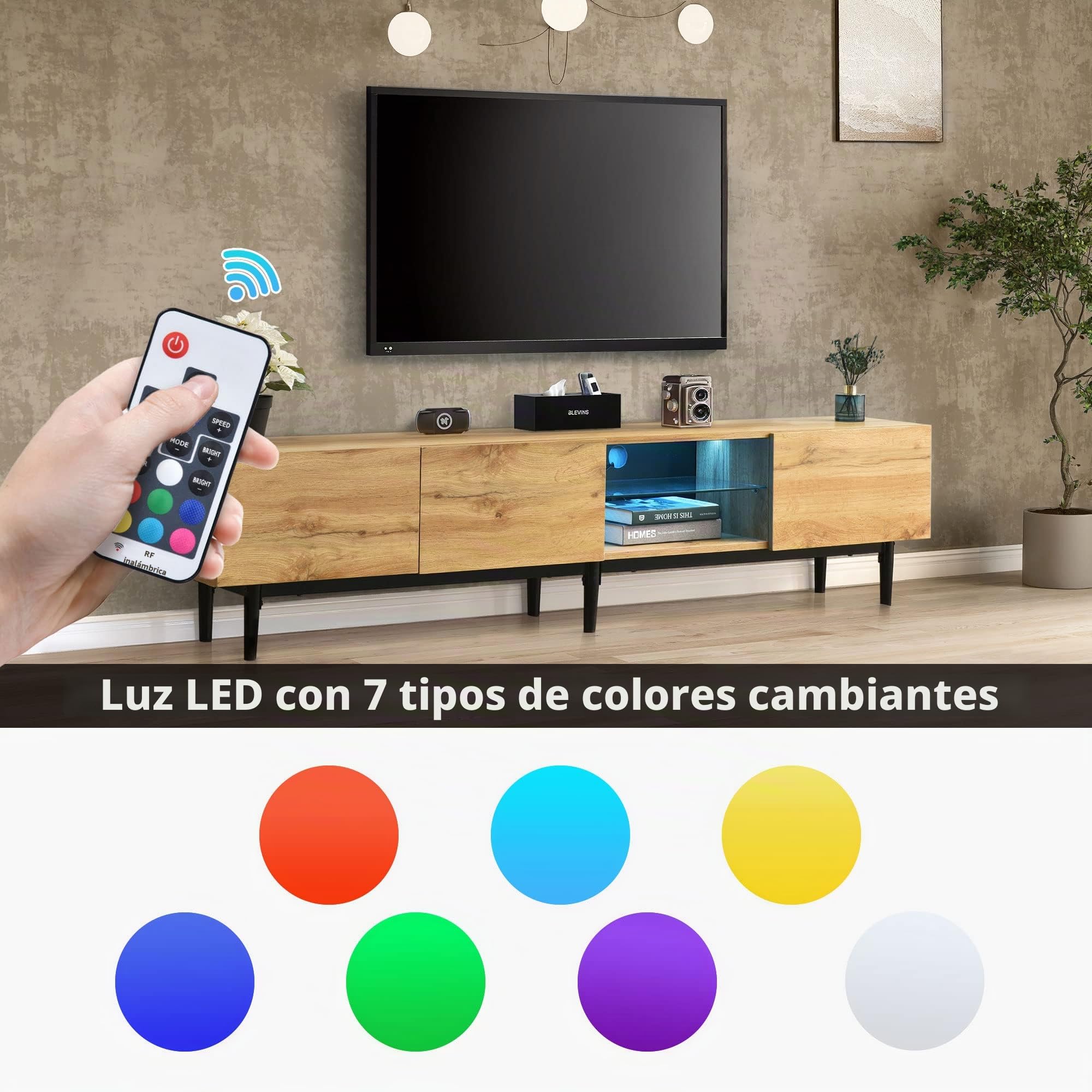 Azkoeesy 175 cm Mueble de TV con iluminación LED, para salón, Diseño de Vetas de Madera, Color Natural + Patas de Metal Negro
