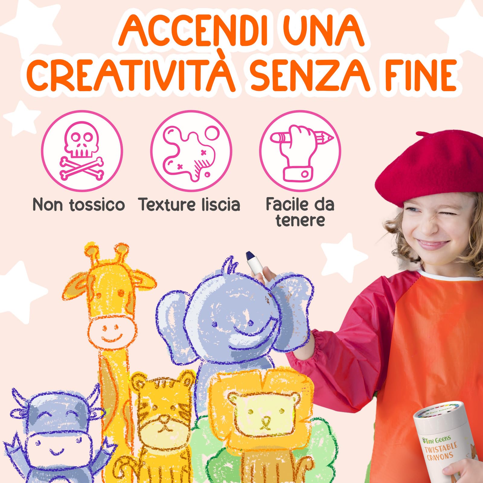 TinyGeeks 24 Pastelli a Cera Twistabili - Non Tossici per Bambini 1-3 Anni - Pastelli a Cera Lavabili per Bambini di Età 4-8 Anni