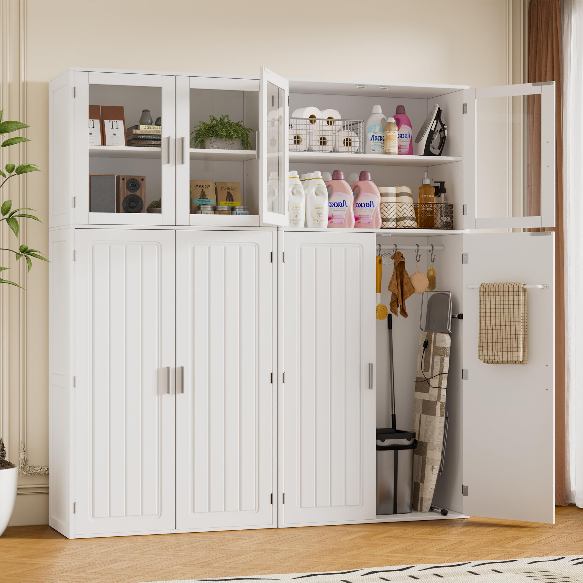 Armario Escobero Multiusos,180 x 70 x 30cm Armario Limpieza con 1 Estante ajustable,Armarios para Aspiradora de Madera,Armarios para el Hogar con Ventana de Acrílico,para cocina,salón,comedor y garaj