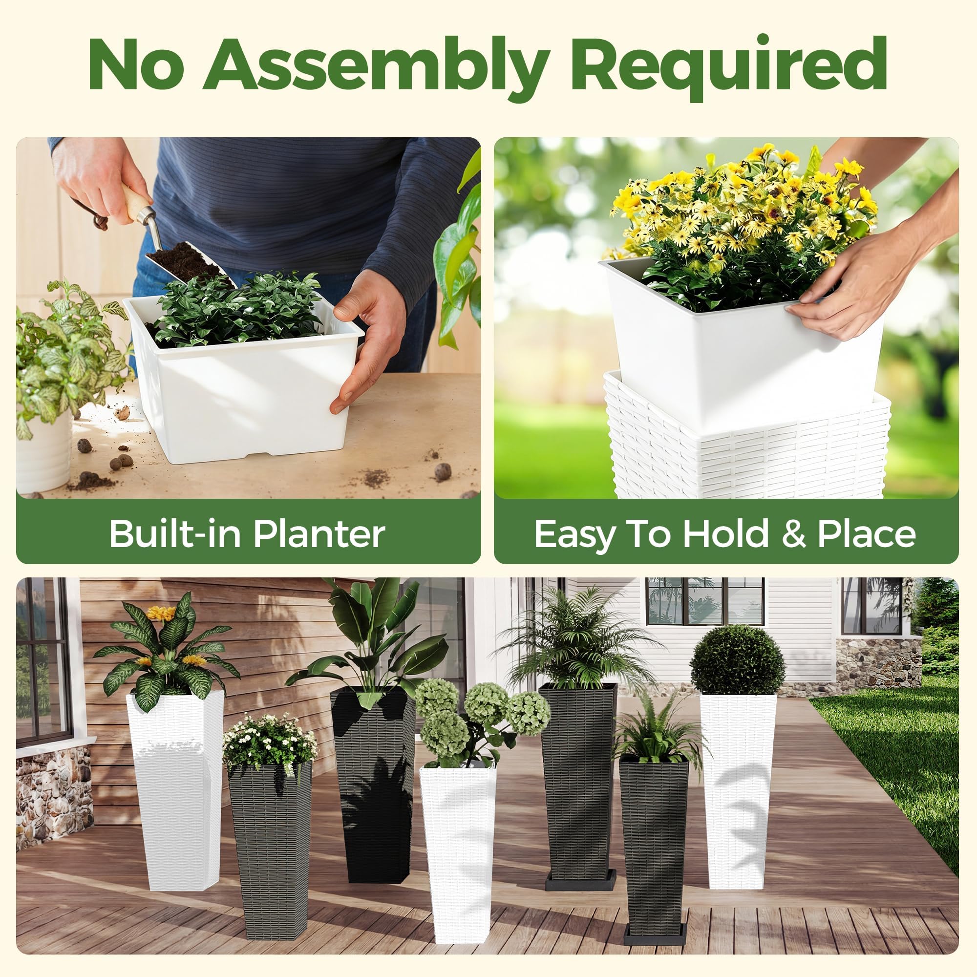 Maceteros Grandes de Exterior e Interior Pack de 2, Jardineras Altas de Plástico Resistente con Agujeros de Drenaje y Maceta Interior Extraíble, Set de 2 Macetas Decorativas Blancas para Plantas