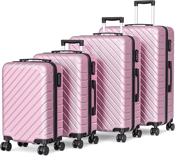 Apelila 4 Piece Hardshell Luggage Sets,Travel Suitcase,Carry On Luggage with Spinner Wheels Free Cover&Hanger Inside4PC (Light Pink line)
