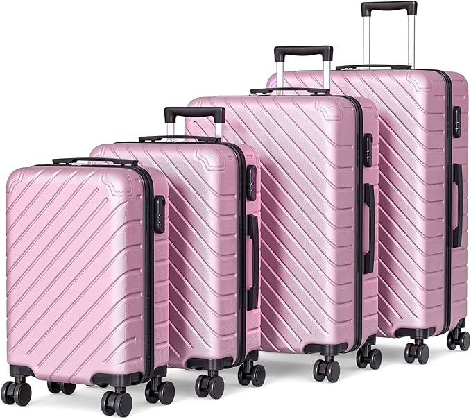 Apelila 4 Piece Hardshell Luggage Sets,Travel Suitcase,Carry On Luggage with Spinner Wheels Free Cover&Hanger Inside4PC (Light Pink line)