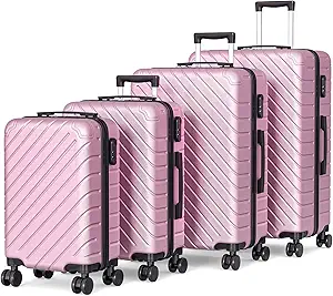 Apelila 4 Piece Hardshell Luggage Sets,Travel Suitcase,Carry On Luggage with Spinner Wheels Free Cover&Hanger Inside4PC (Light Pink line)