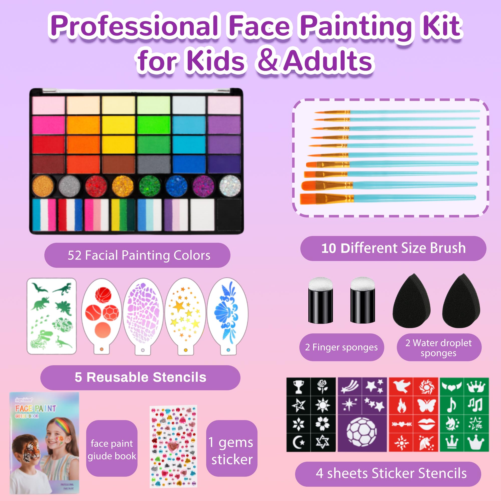 Face Painting Kit for Kids, 52 Colors Professional Face Paint Makeup Kit Non-Toxic Water Activated Facepaint Palette, glitter gel, brushes, sponges, stencils for party Halloween School Event Festivals - 3