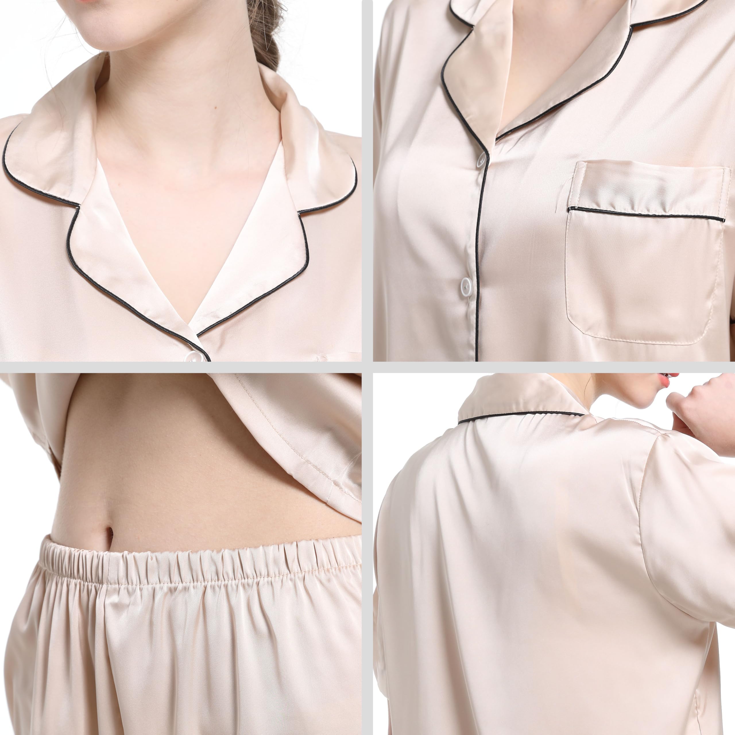 JCQIGOA Seta Donna Pigiama a Maniche Lunghe Set Pigiama Donna Lungo Set Pezzi Loungewear Pigiama da Notte Lungo Pigiama da Notte