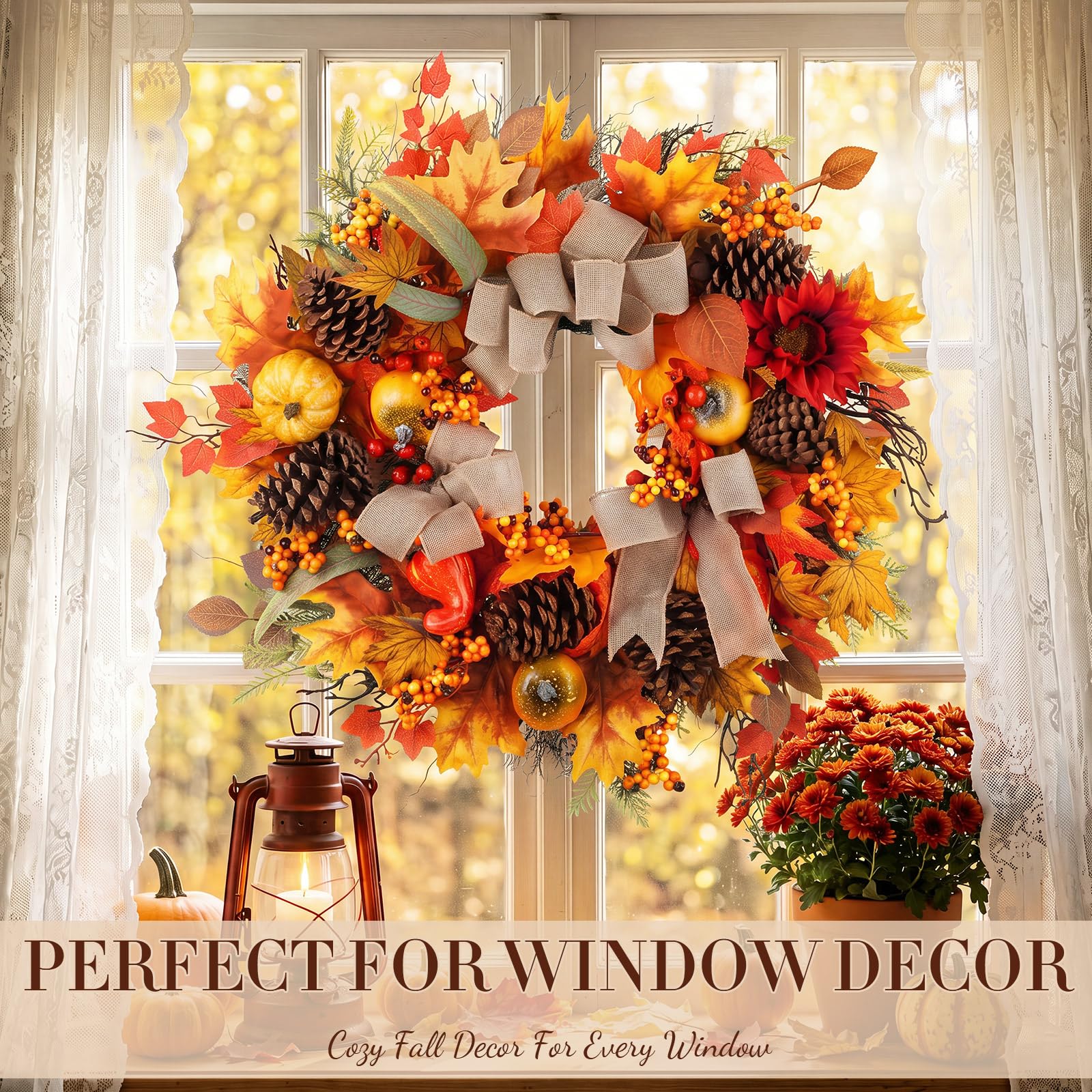 Thiccywoov Couronnes d'automne pour porte d'entrée de 71,1 cm, couronne de feuilles d'érable artificielles avec citrouilles, baies, pommes de pin, décorations de porte pour mur, porche, maison