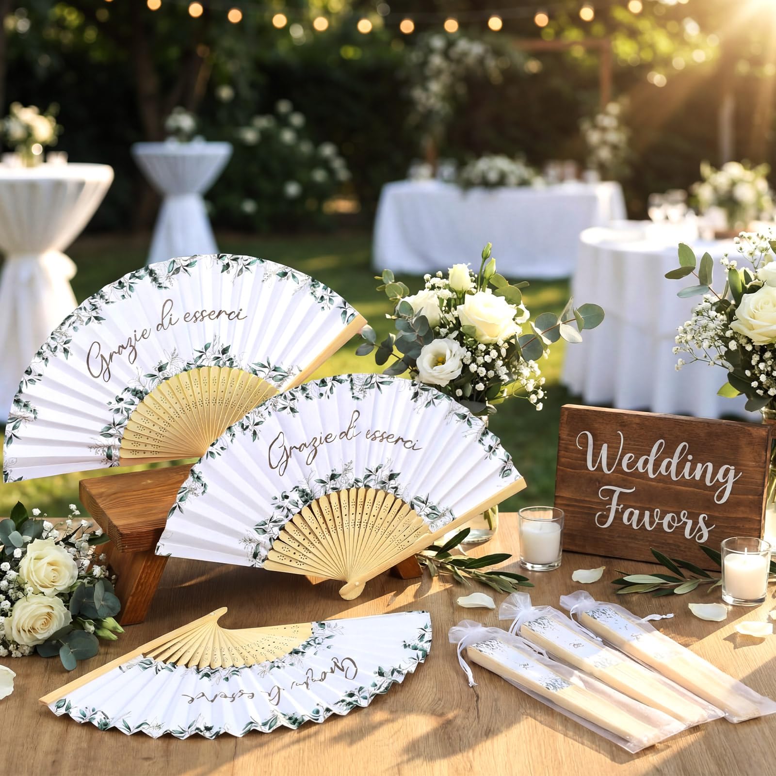 Namalu 60 Pezzi Ventaglio Matrimonio Carta con Manico in Bambù Grazie di Esserci Segnaposto Bomboniera Ventagli Pieghevoli Bianchi Eucalipto 60 Sacchetto Idee Regalo per Ospiti Estate Compleanno Festa