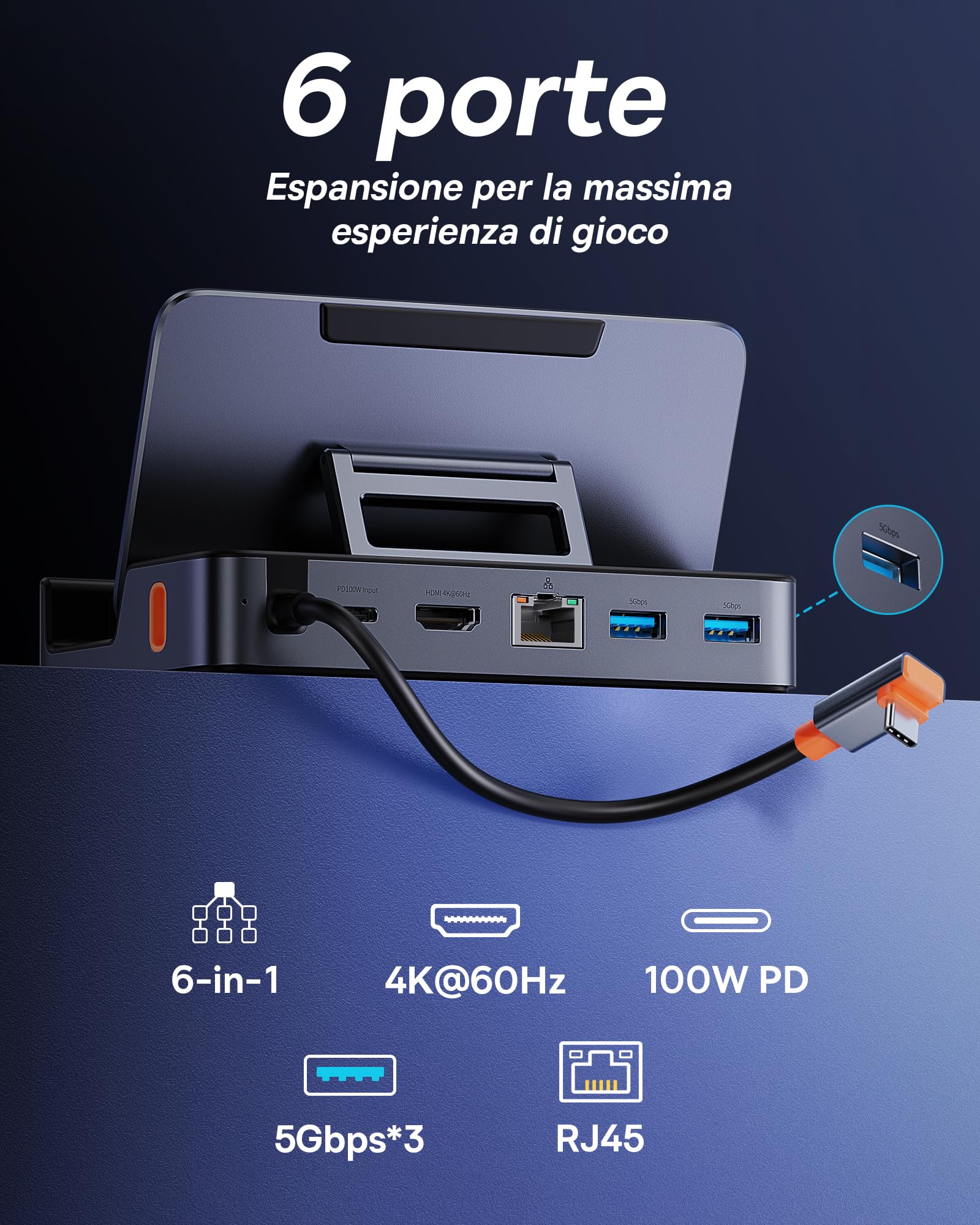 Baseus Steam Deck Dock, Docking Station 6-in-1 Per Steam Deck USB C Con HDMI 4K@60Hz, 3 Porte USB-A 3.0, Design Del Supporto Regolabile E PD 100W Per Ricarica Rapida