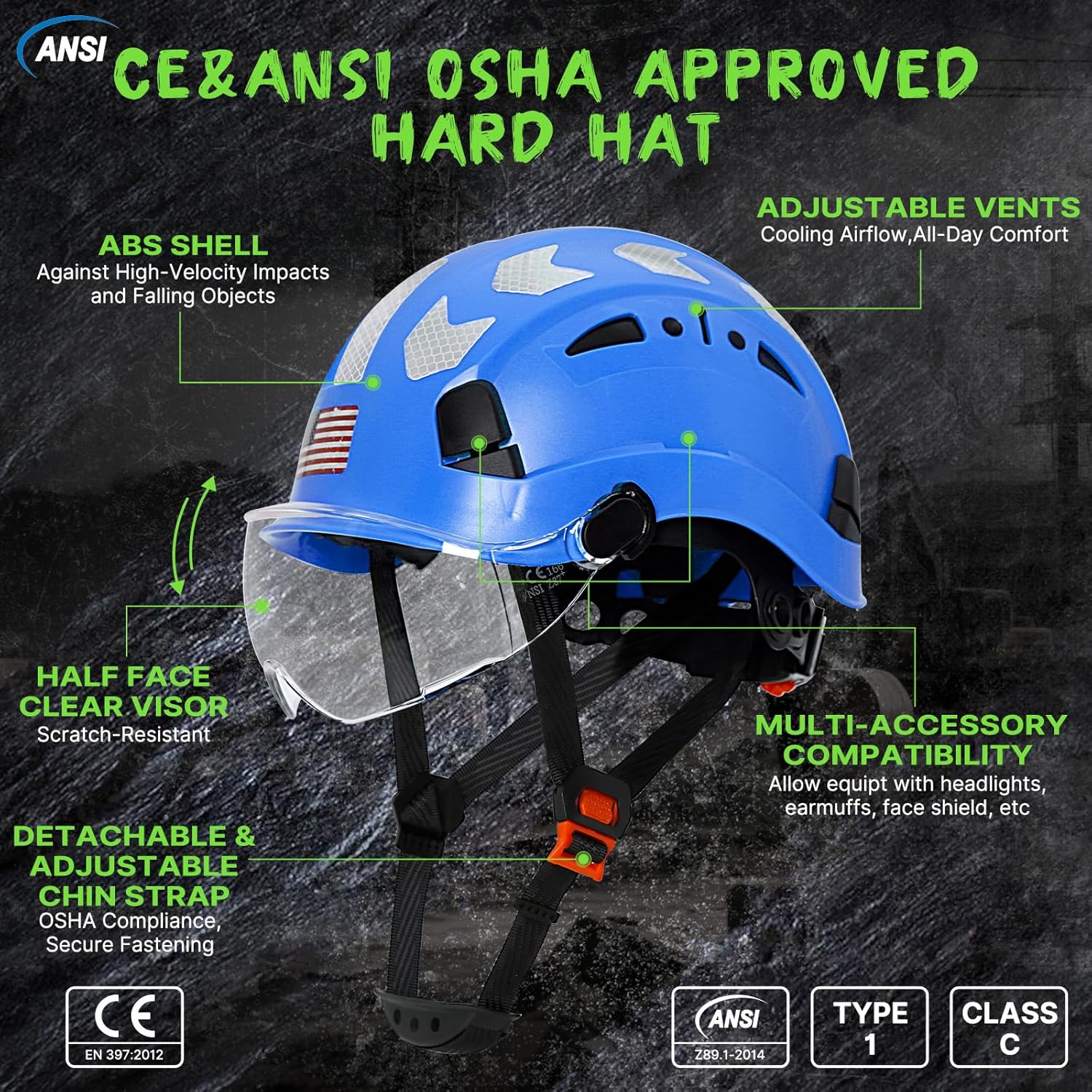 AOLAMEGS Construction Safety Hard Hat - ANSI Z89.1 Type Ι OSHA Approved Safety Helmets with Chin Straps Lightweight Reflective Vented ABS Hard Hats For Men Women Industrial Workwear 6-point Suspension - Image 2