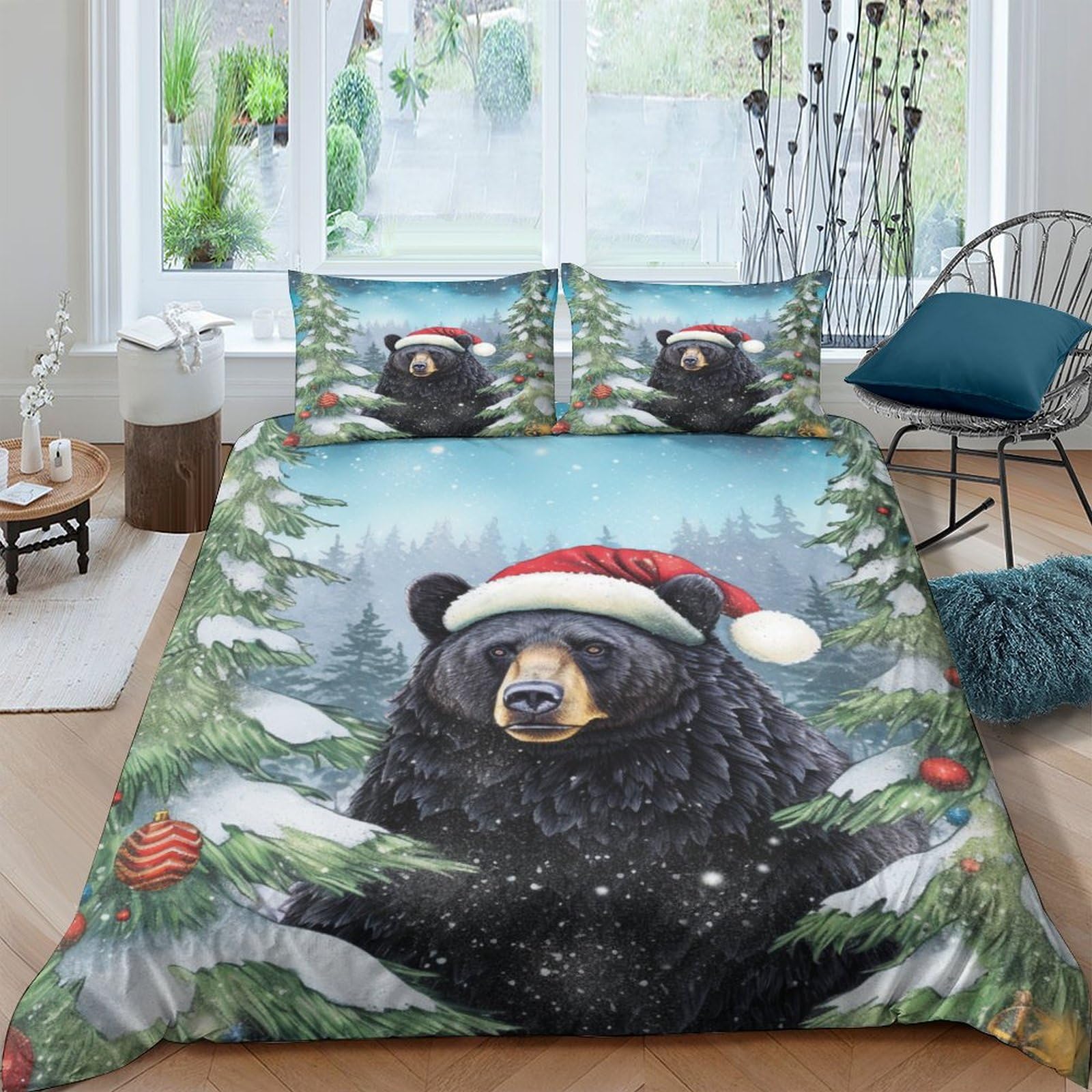 Housse de couette ours noir 200x200 cm avec taies d'oreiller en microfibre pour lit double