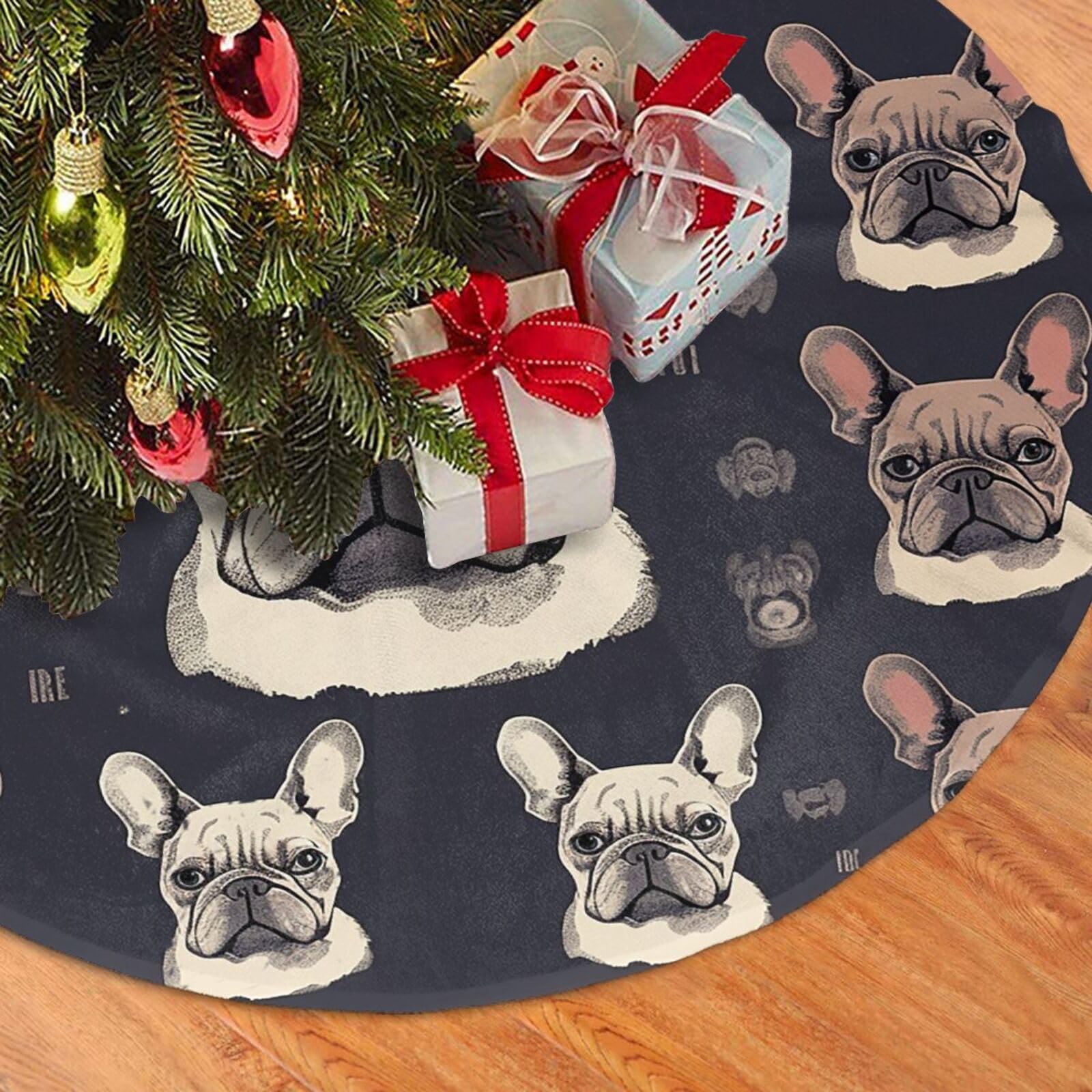 Fodpand Black I Love French Bulldog Christmas Tree Skirt 36" Velvet Xmas Tree Skirt Mat Rustic Christmas Tree Mat Cover Winter Xmas Tree Collar For Indoor Outdoor Christmas Decorations