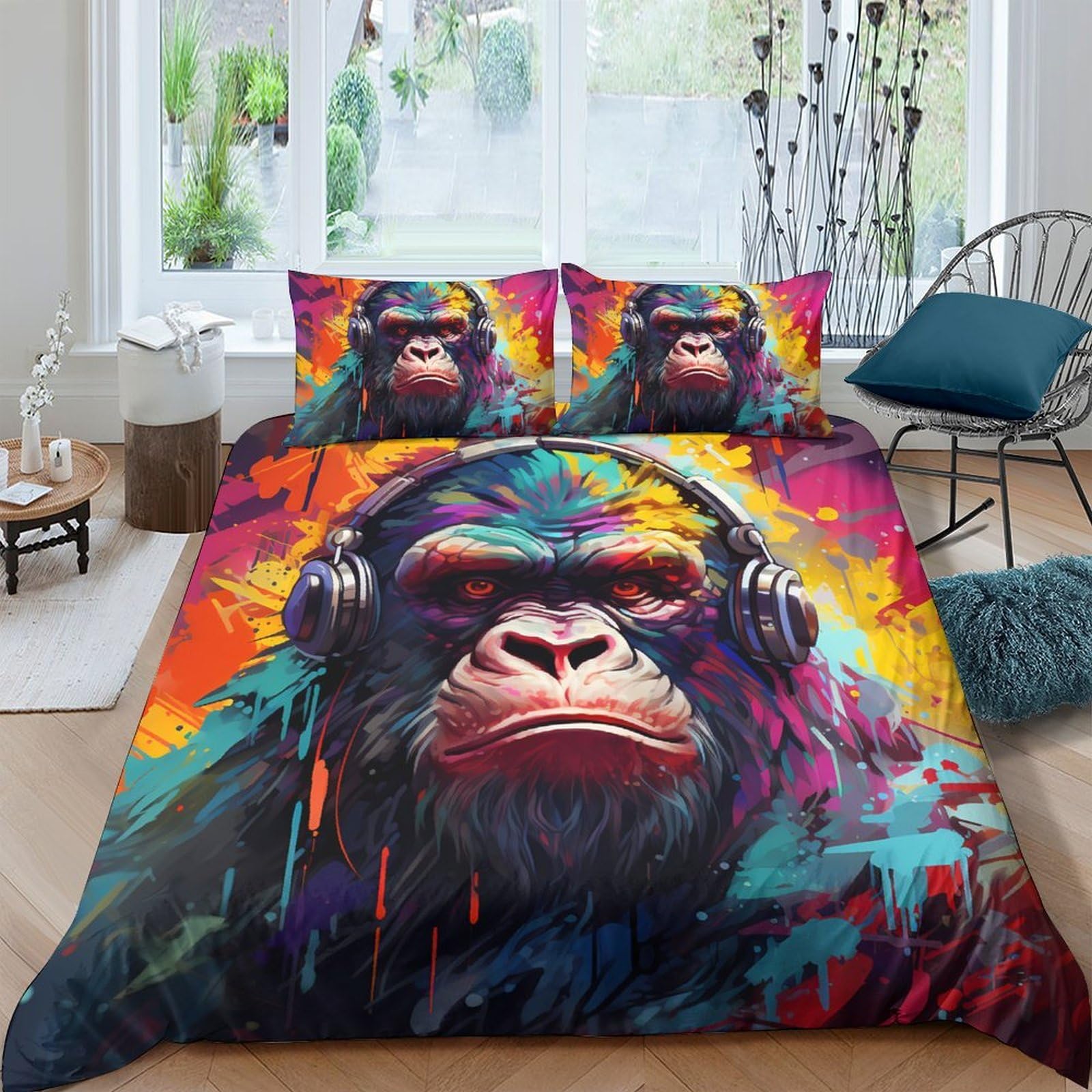 Ctjqhvkz Style-10 3D Printed Colorful Headphone Monkey Fitted Sheet Microfiber Soft Bed Sheet For Bedroom Dorm Decor Mattress Protection Single（135X200cm）