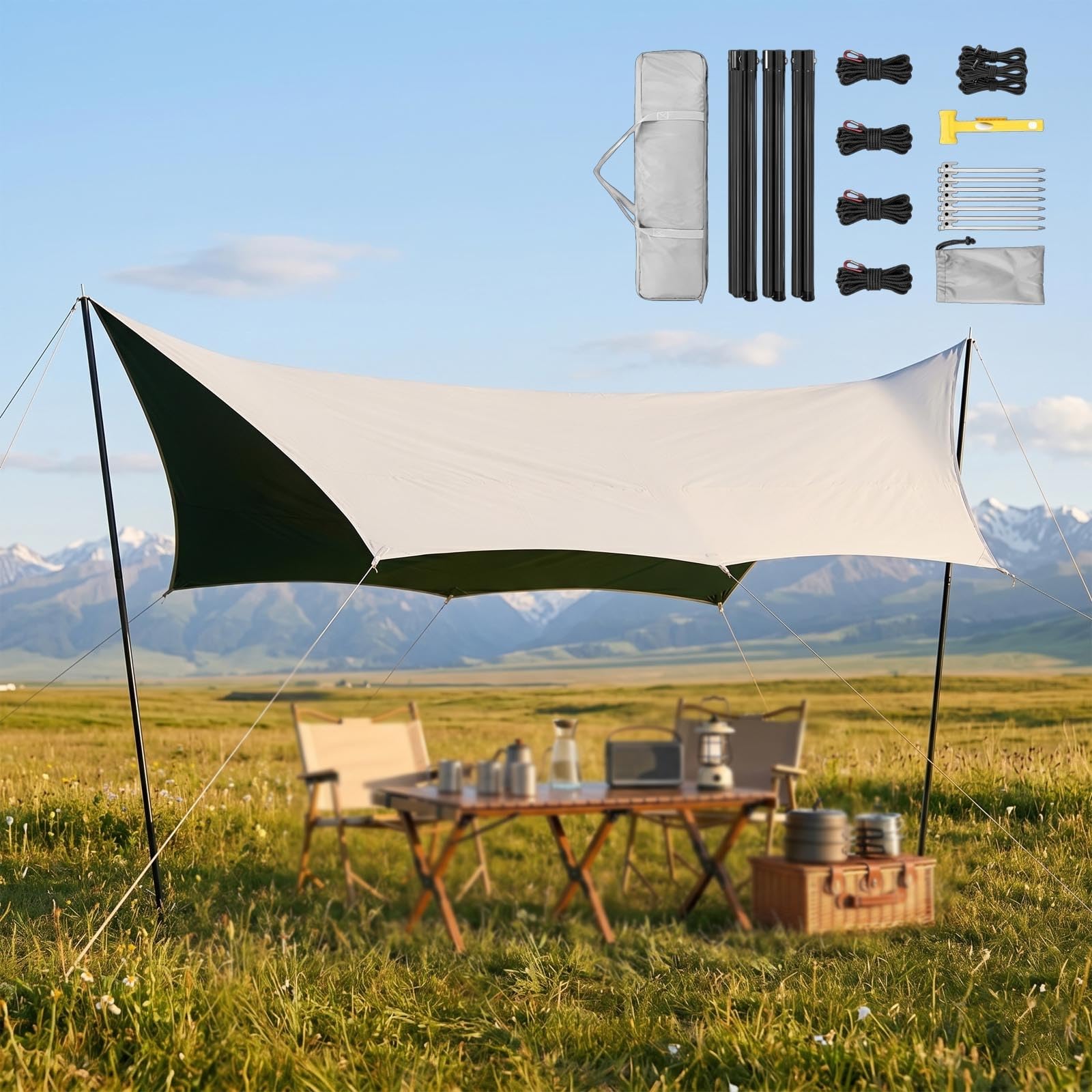 Tarp Camping con Palos 4.4x4.5m, Toldo Portátil Ultraligero, Refugio Impermeable Anti-UV, Lona Plegable para Parque Y Vacaciones, Gran Espacio(Opaline,450x440cm)