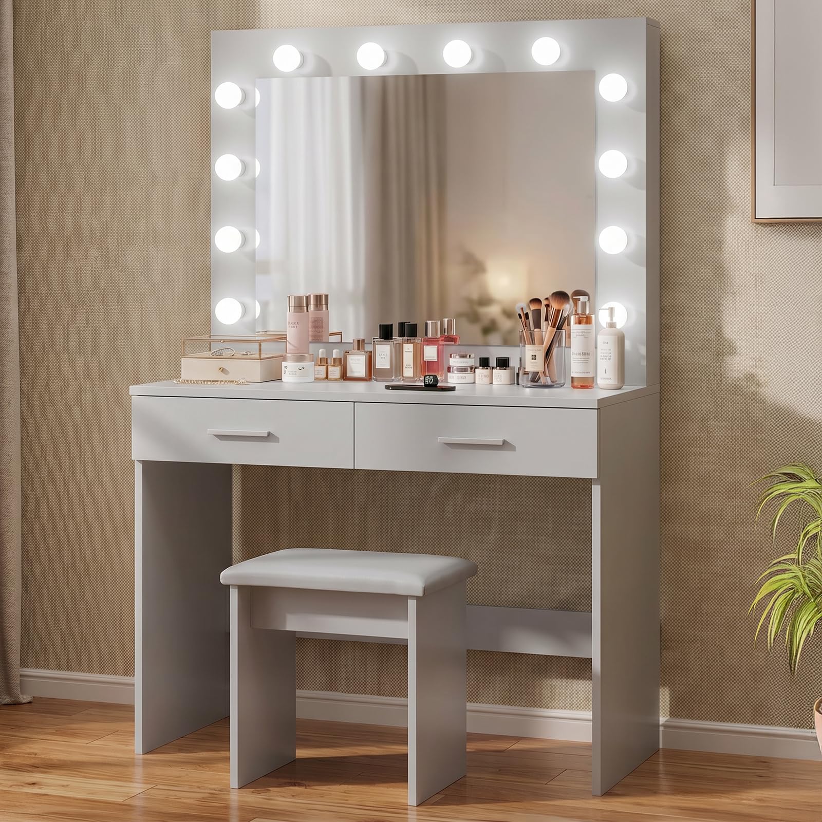 Jooli H Grey Dressing Table Set with Hollywood LED Lights Mirror, Vanity Makeup Table 2 Large Drawers and Stool