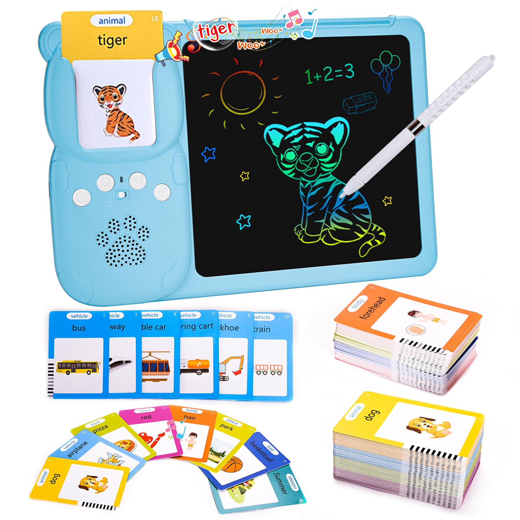 UUEMB 510 Words Talking Flash Cards with LCD Writing Tablet for 2 3 4 5 6 7 Year Old Boys and Girls Kids, Toddlers Learning Educational, Autism Sensory Toy for Autistic Children, Blue