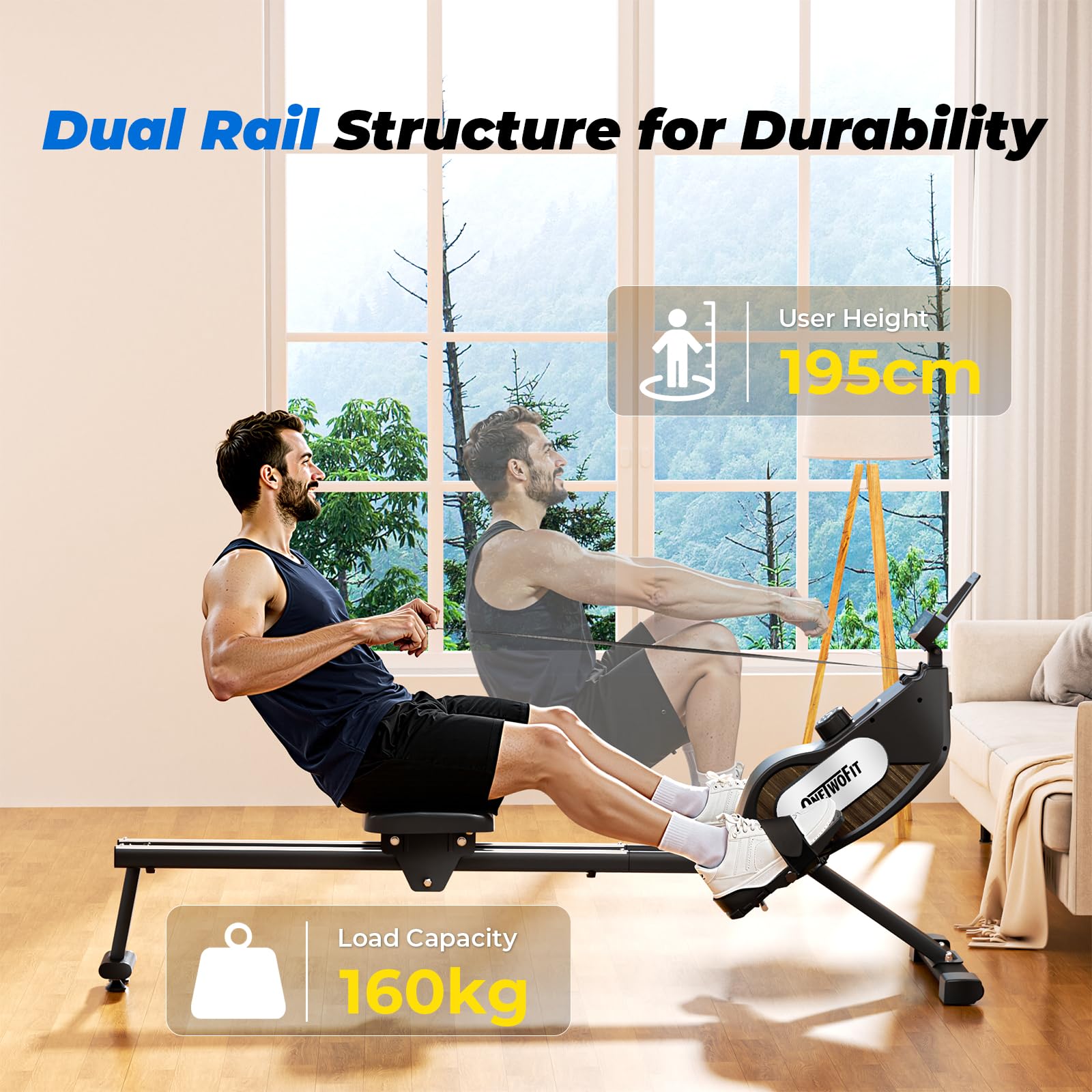 ONETWOFIT Rudergerät Für Zuhause Klappbar Pro, Stepper Für Zuhause, 16 Stufen des Stillen Widerstands Fitnessgeräte, Crosstrainer 160 Kg Kapazität, App-Kompatibel