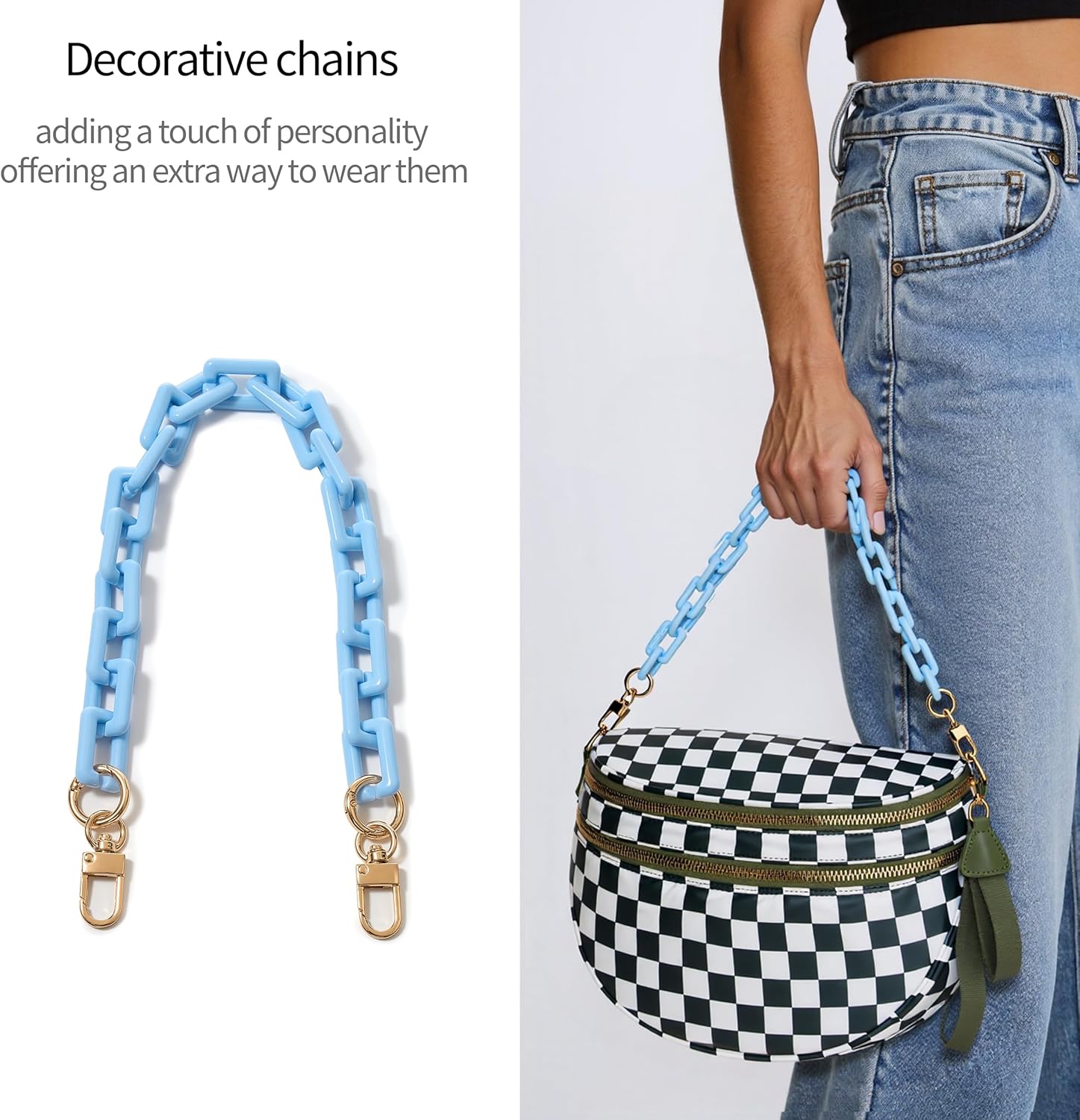 FEIBOON Spacious Checkered Nylon Crossbody Bag Bum Bag Checkered Handbags Wallets with Personalized Chain for Women