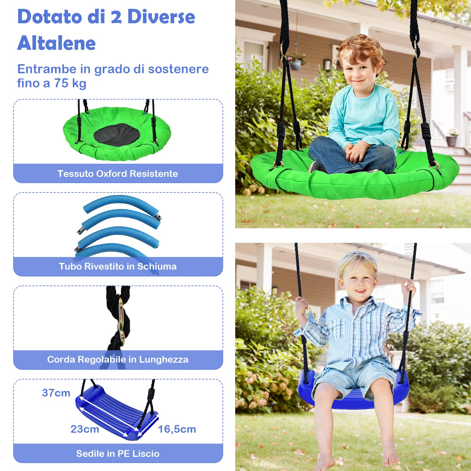COSTWAY Set Altalena da Giardino 5 in 1 per Bambini | 2 Altalene con Canestro da Basket e Scala di Arrampicata, Carico Massimo 75 kg, per Interno ed Esterno