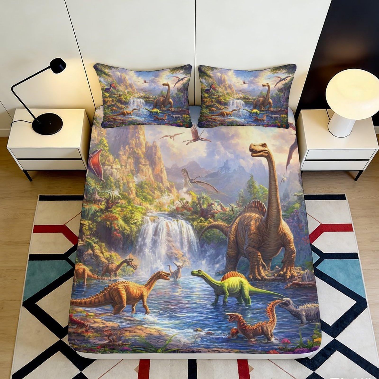 Pnayamiorkfel Style-1 3D Printed Dinosaur Forest Fitted Sheet Microfiber Breathable Waterfall Scene Mattress Cover For Bedroom Decor 90X200x25cm