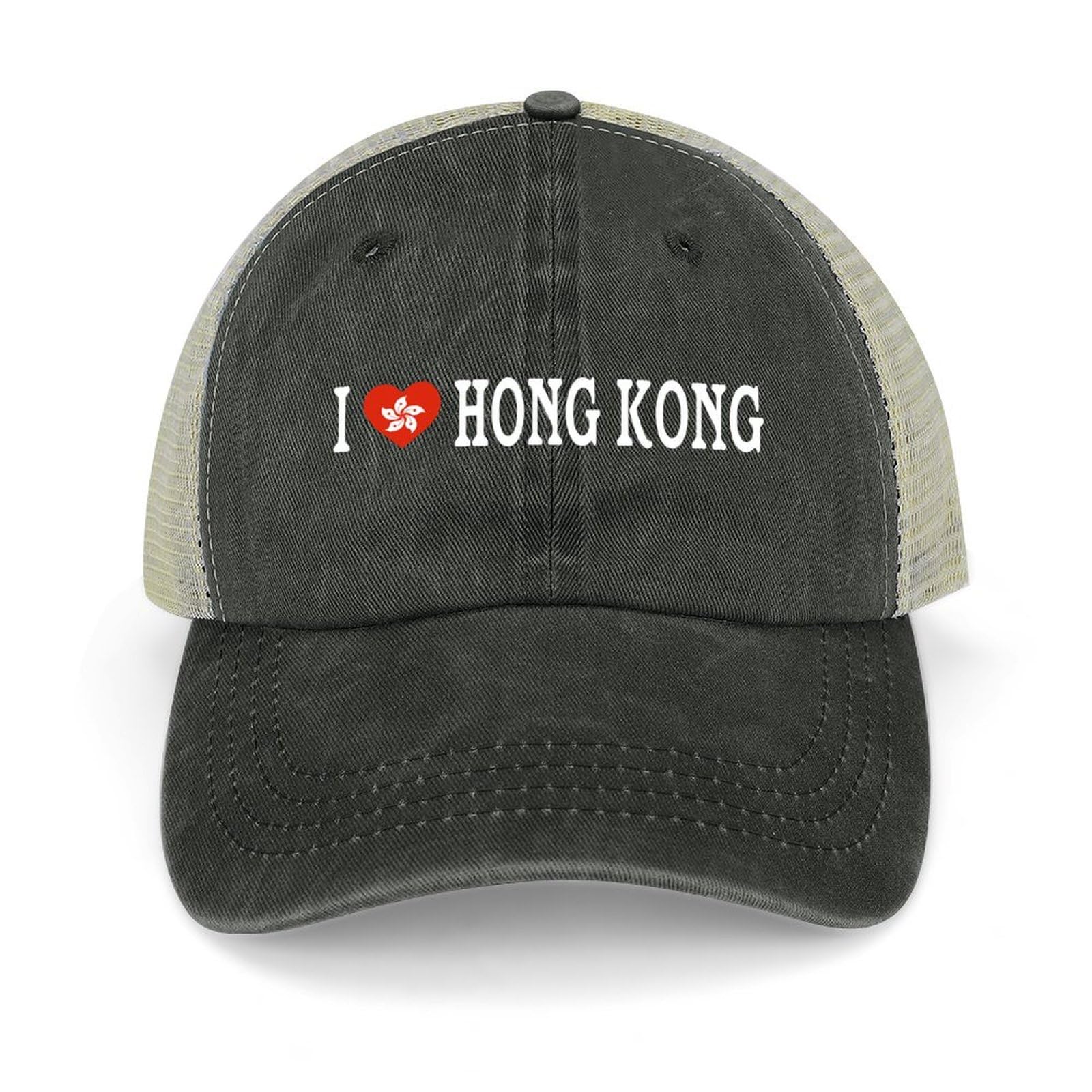 Yelolyio Unisex Black I Love Hong Kong Adjustable Mesh Back Cap Hong Kong Flag Baseball Caps Country Pride Mesh Baseball Cap Retro Washed Trucker Cap Breathable Sun Hat
