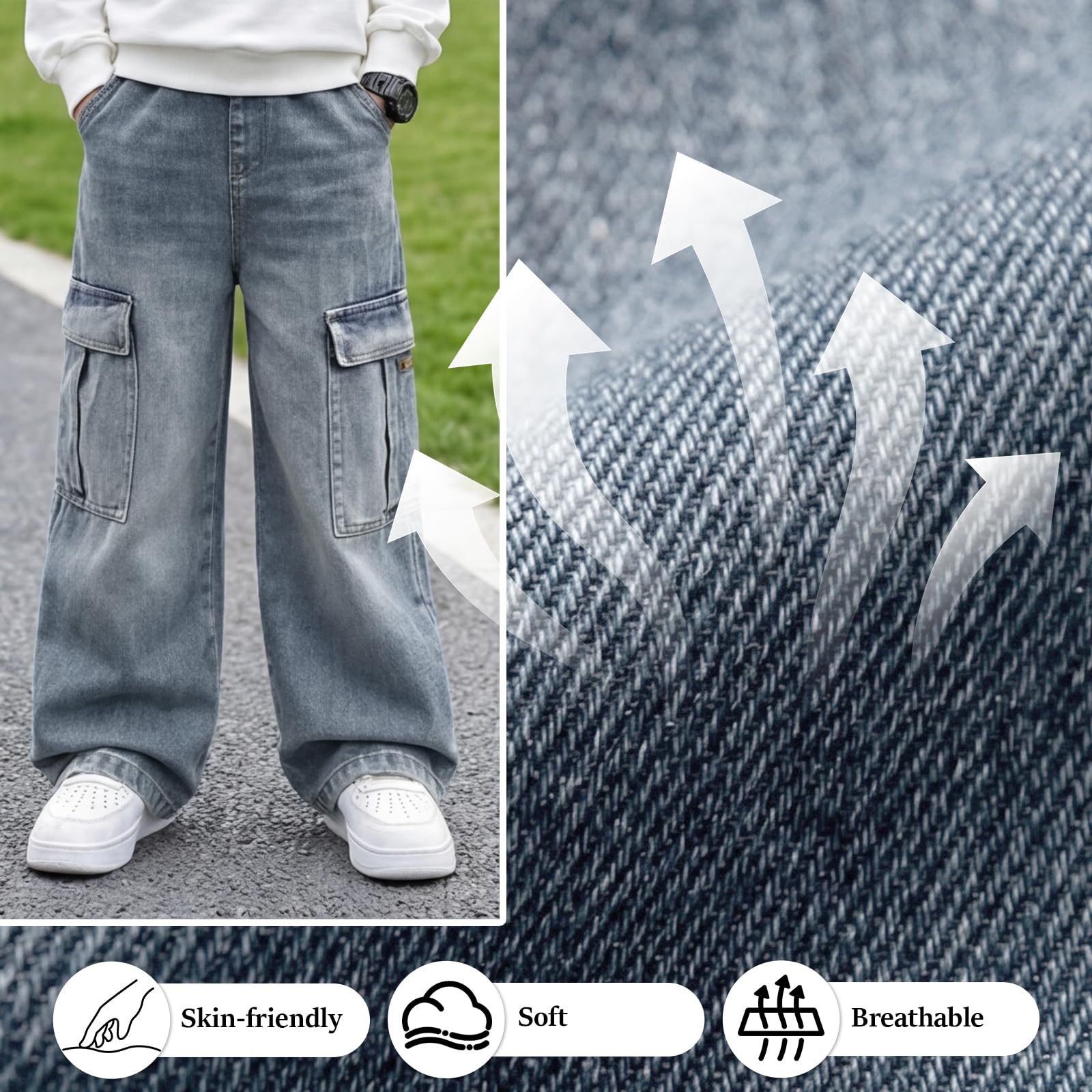 Vaqueros Baggy Cargo Jeans para Niños, Denim Pantalones con Cintura Elástica y Multi-Bolsillos Holgados Largos Stretch Denim Jeans Vintage Streetwear Skater Pants para Niño 7-15 Años