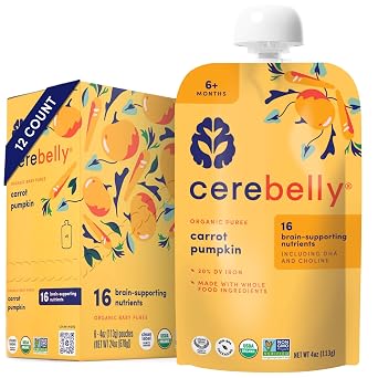 Cerebelly Organic Baby Food Pouches, Carrot Pumpkin Veggie Puree, 12ct | 16 Brain Nutrients, Iron, Zinc, Non-GMO, BPA-Free, No Added Sugars, Stage1&2, Shelf-Stable, Nut-Free, Dairy-Free, Gluten-Free