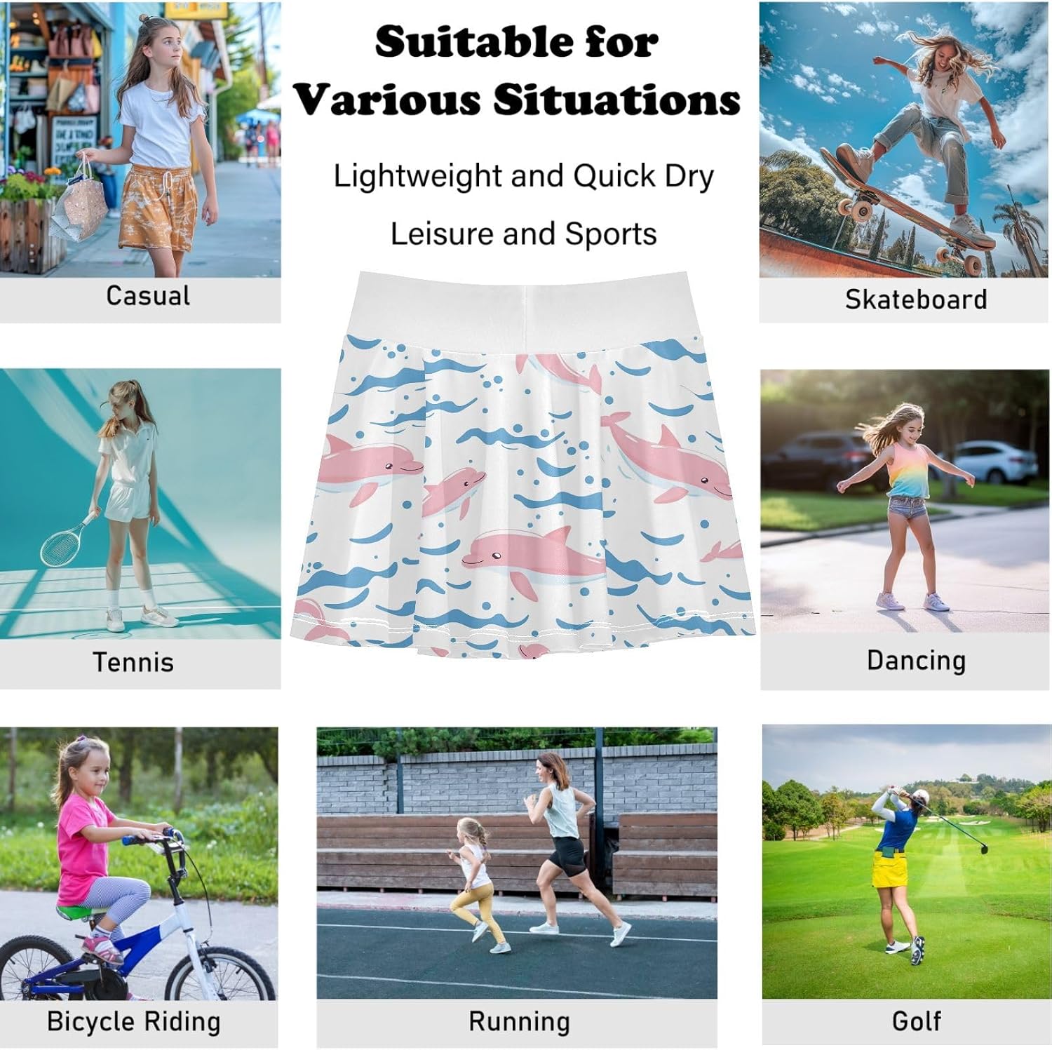 visesunny Pink Dolphin Water Girl's Golf Skirt Athletic Tennis Skort Sport Activewear with Double Layer Pockets