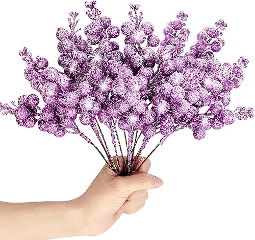 Miniatura 2 de 16 tallos de bayas artificiales con purpurina, púas de Navidad esmeriladas de 9 pulgadas, ramas de bayas de acebo con purpurina para rellenos de