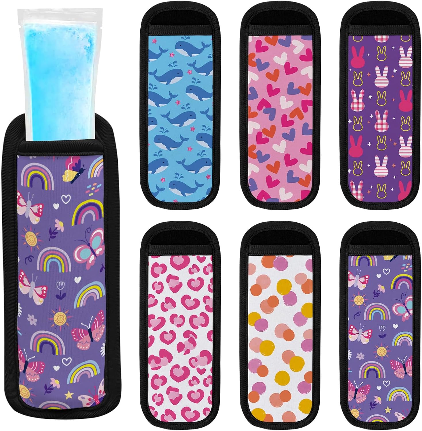 Ice Pop Sleeves for Kids, 6 Pieces Anti-Freezing Neoprene Sleeves for Boys Girls, Cute Freezer Popsicle Holder Bag, No Drip Reusable Washable for Frozen Yogurt Tubes, Kids Birthday Party Supplies
