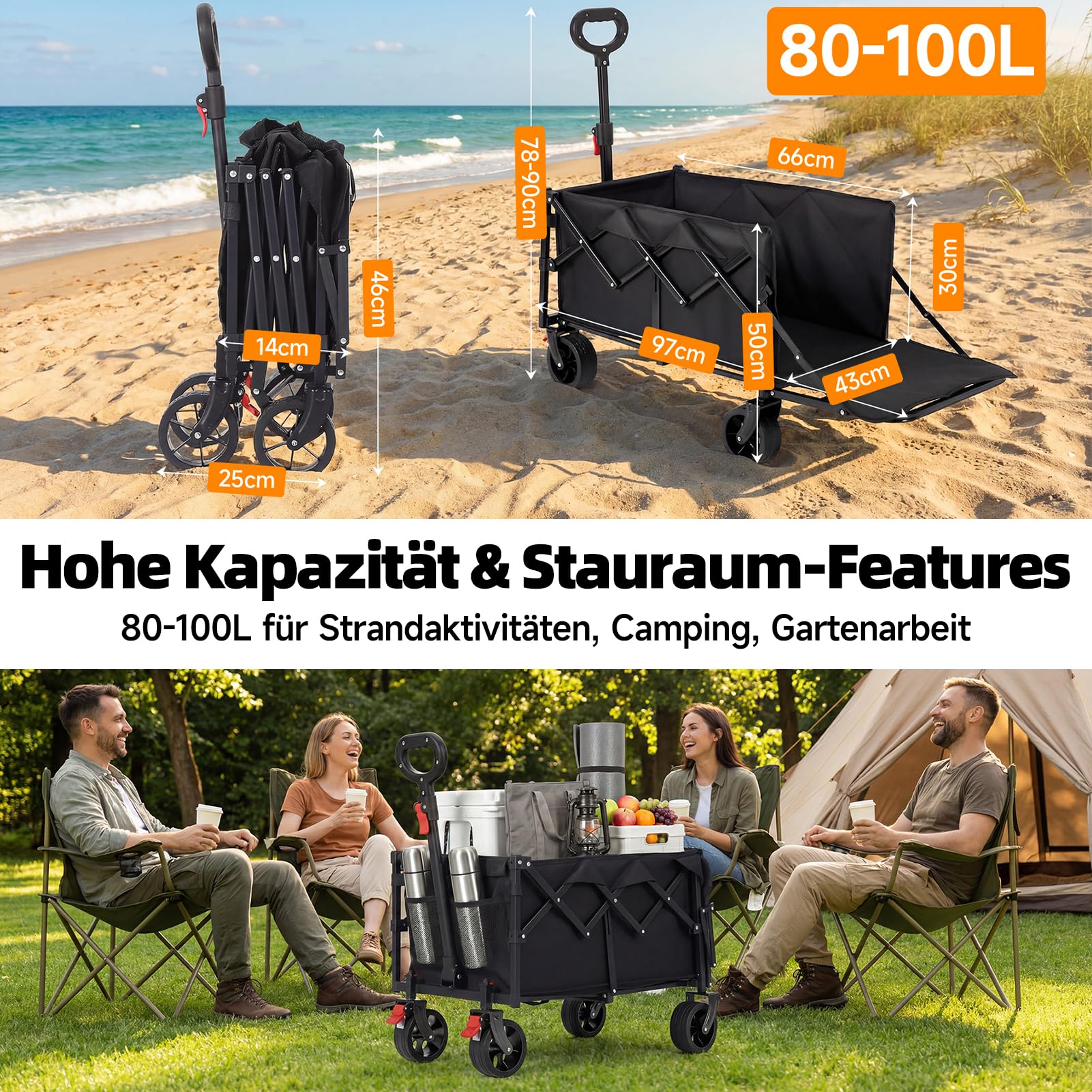 HAUSPROFI Carrello pieghevole da 100 l, portata 100 kg, adatto per fuoristrada, con freni, All-Terrain, tasca laterale e portabevande per esterni, campeggio, giardino e shopping