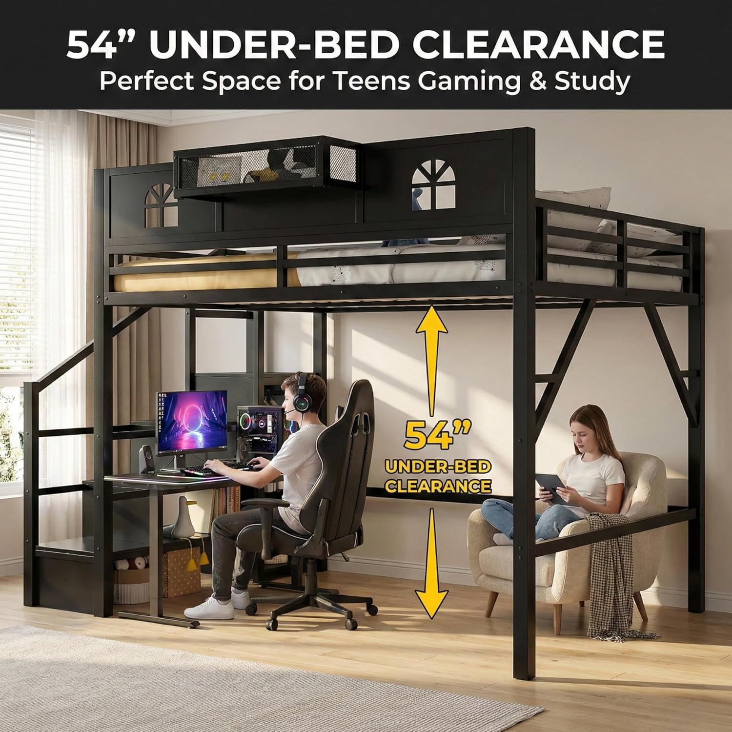 Mirightone Full Size Loft Bed with Wardrobe & Storage Stairs, Metal Loft Bed for Kids & Teens, RGB LED Lights, Charging Station, Extra-Tall Guardrails, 500 lbs Weight Capacity, Black